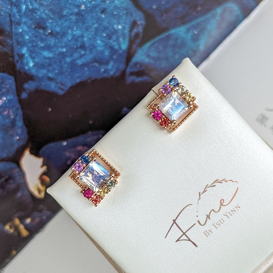 FBTY Petite Studs:  Faceted Moonstone and Rainbow Gems