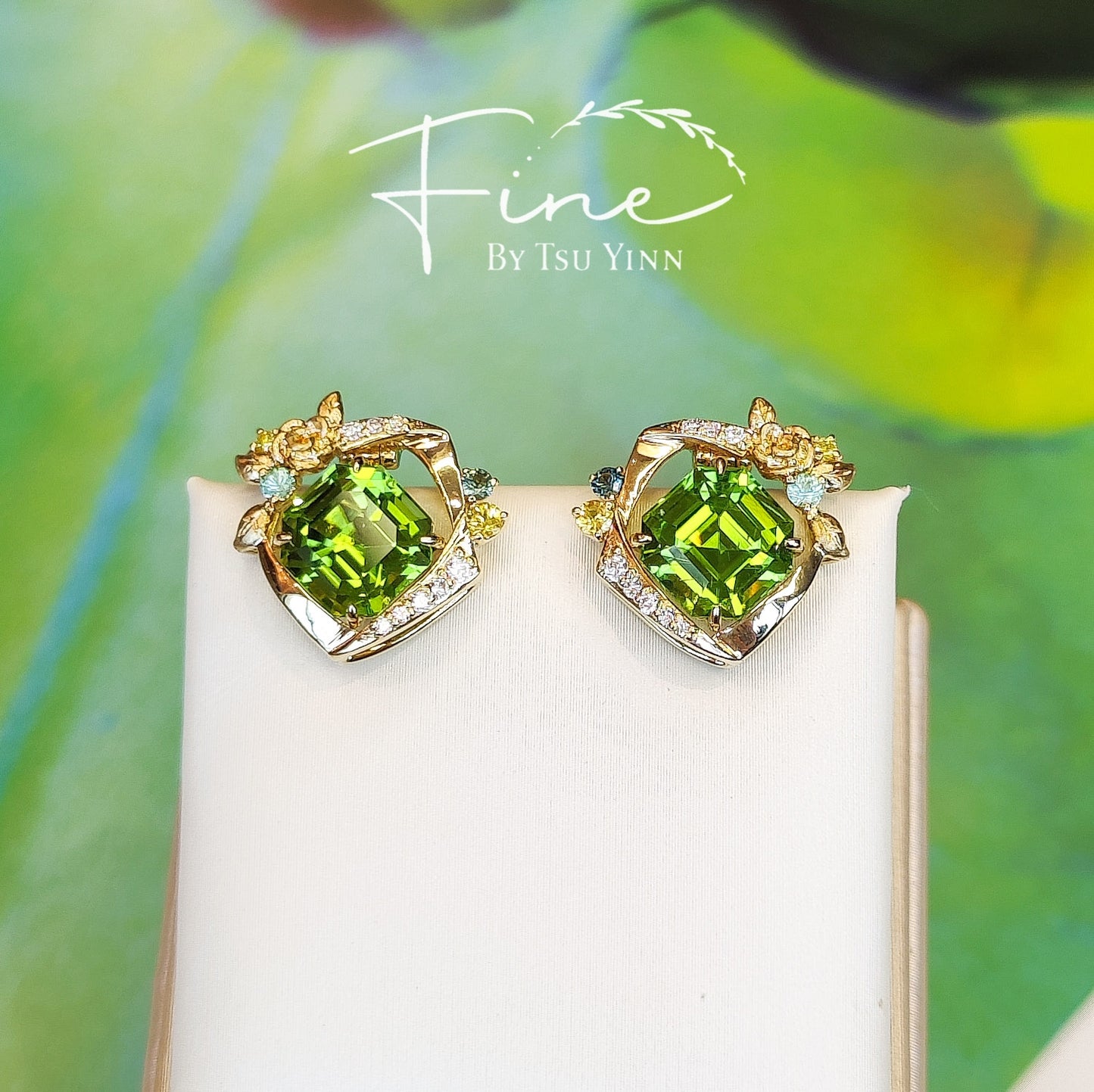 FBTY Swivel Earrings with Peridot, Green Sapphires, Yellow Sapphires, Yellow Diamonds, Paraiba Tourmalines and White Diamonds