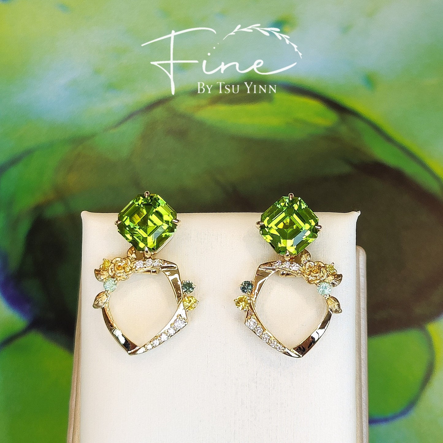 FBTY Swivel Earrings with Peridot, Green Sapphires, Yellow Sapphires, Yellow Diamonds, Paraiba Tourmalines and White Diamonds