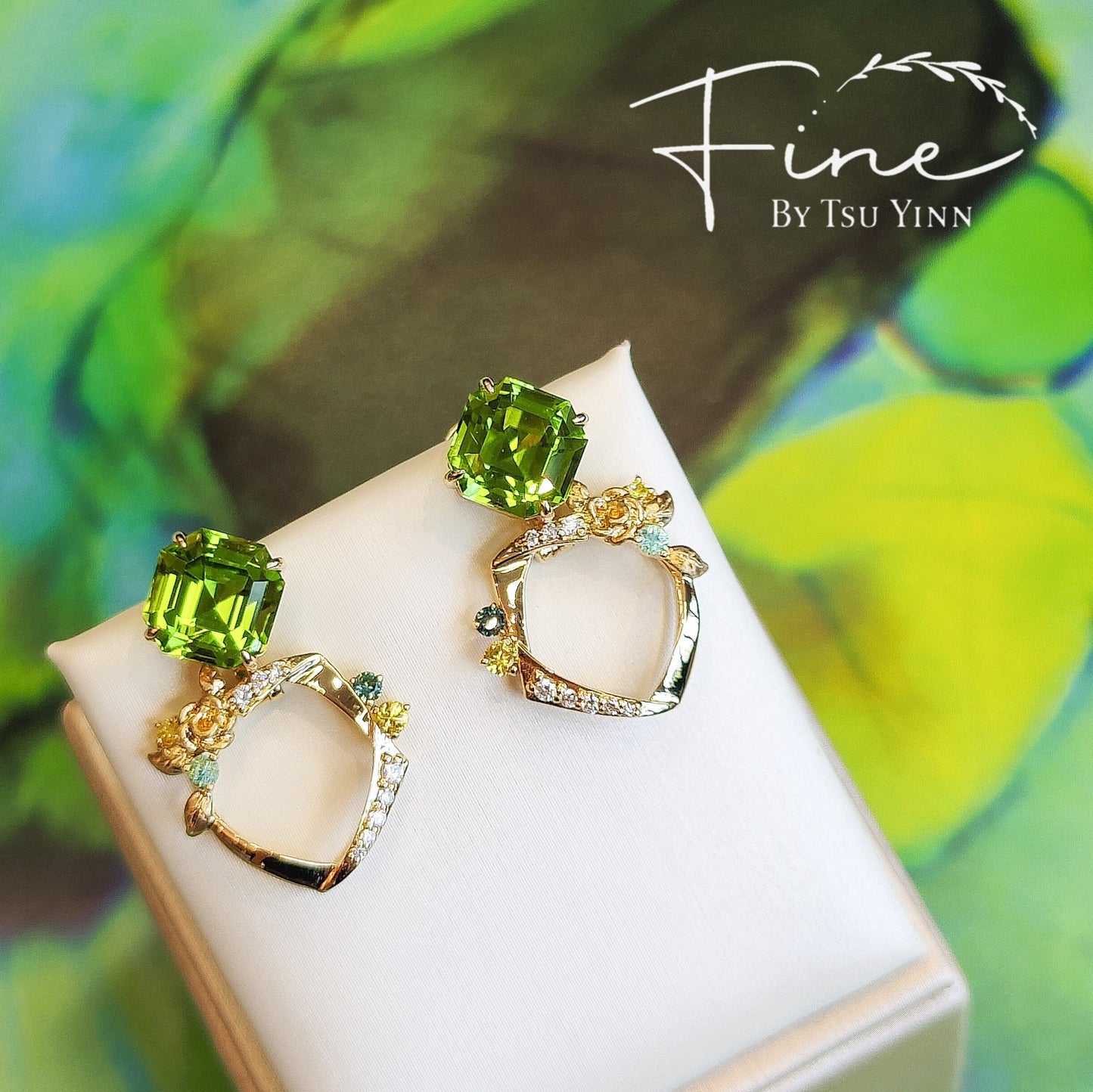 FBTY Swivel Earrings with Peridot, Green Sapphires, Yellow Sapphires, Yellow Diamonds, Paraiba Tourmalines and White Diamonds