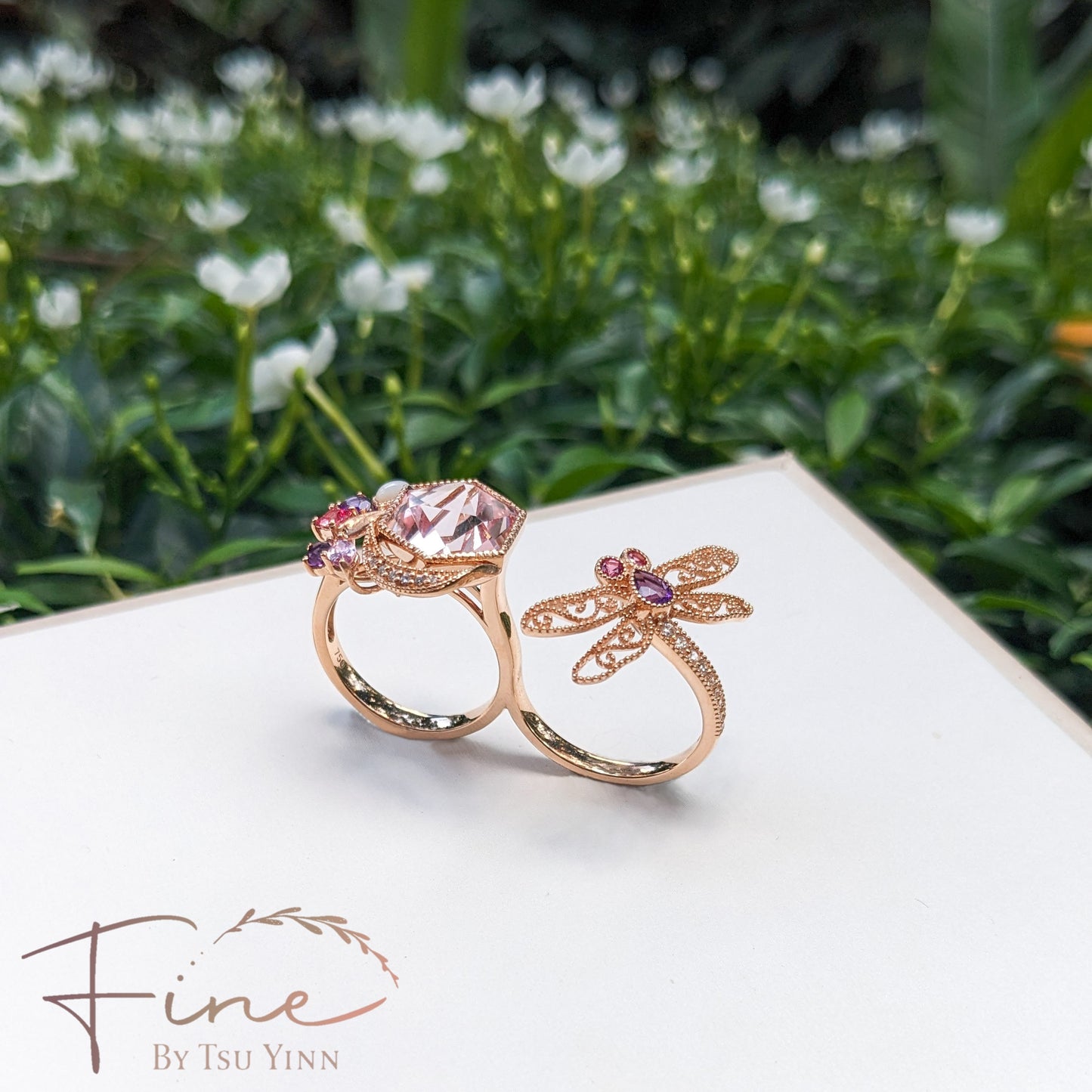 FBTY Dragonfly and Hexagon Morganite Double Ring