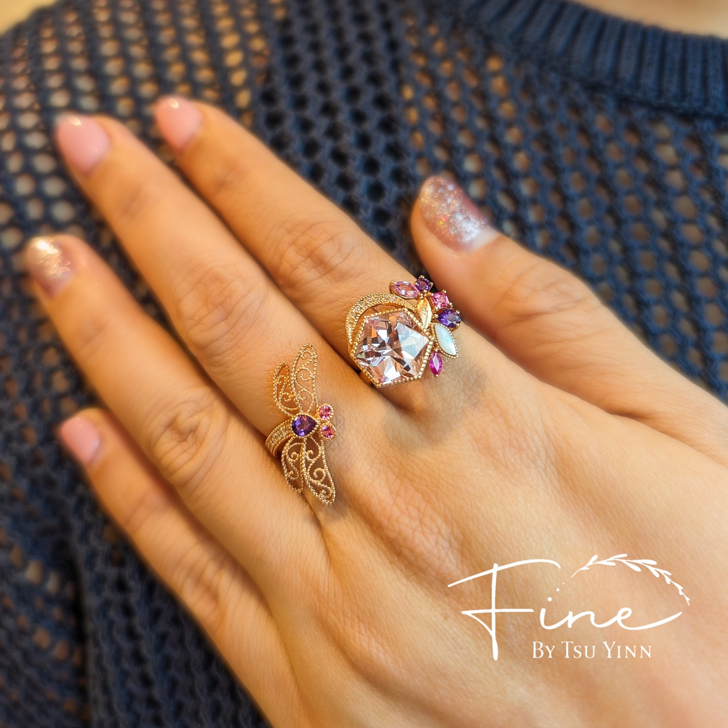 FBTY Dragonfly and Hexagon Morganite Double Ring