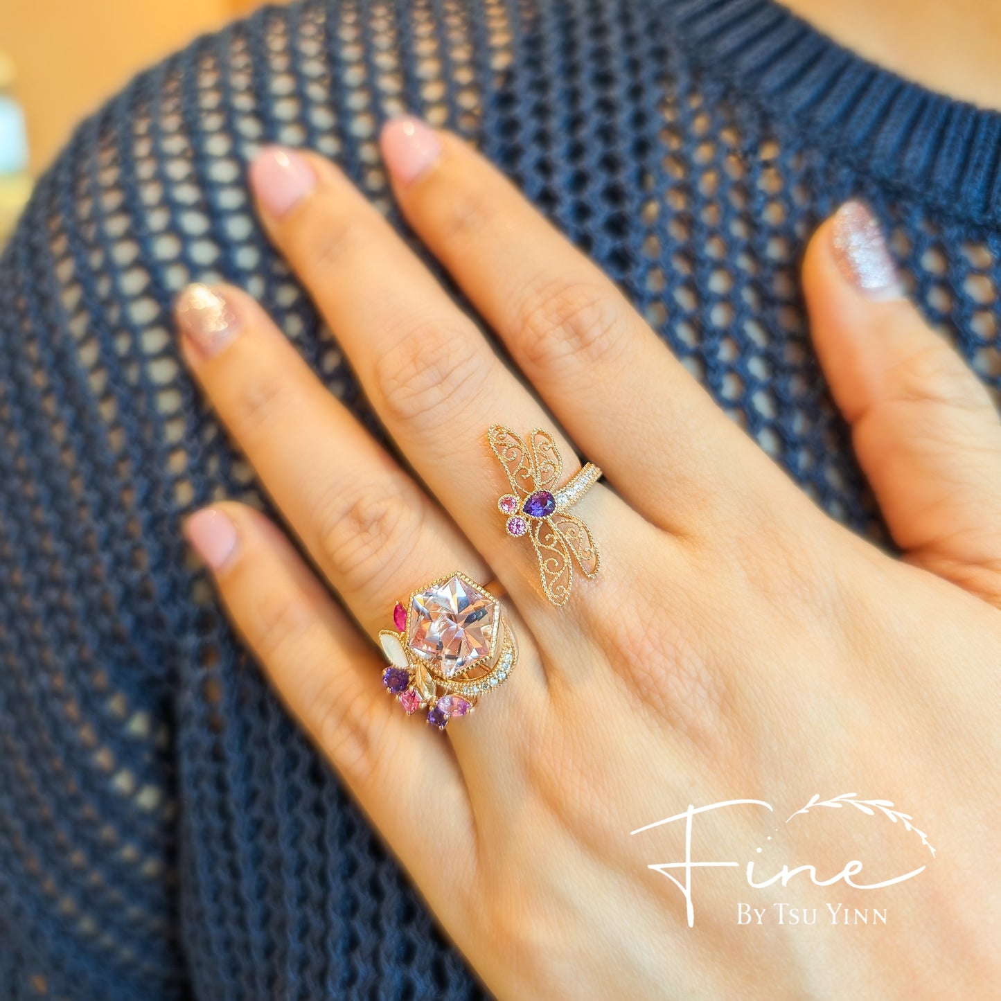 FBTY Dragonfly and Hexagon Morganite Double Ring