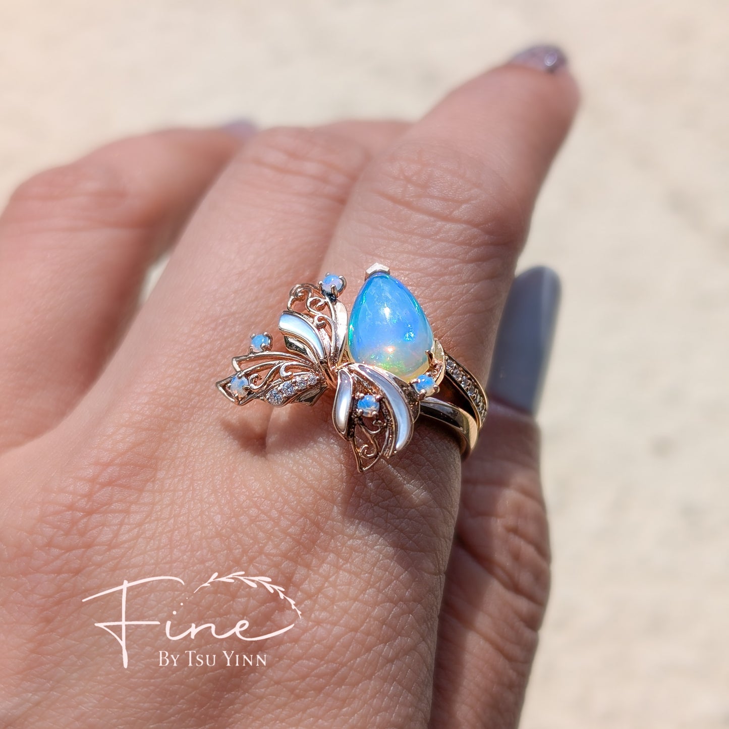 RG Opal, Mother of Pearl and White Diamonds Stacking Rings