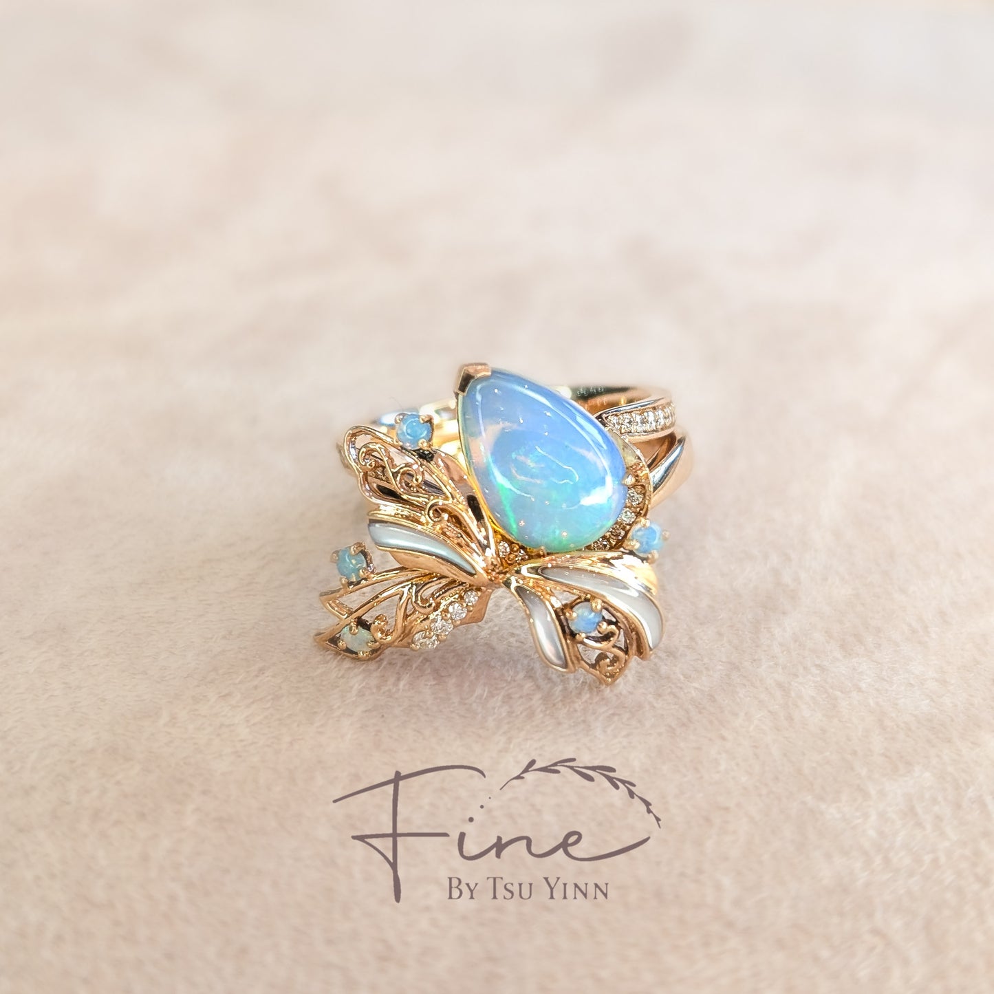 RG Opal, Mother of Pearl and White Diamonds Stacking Rings