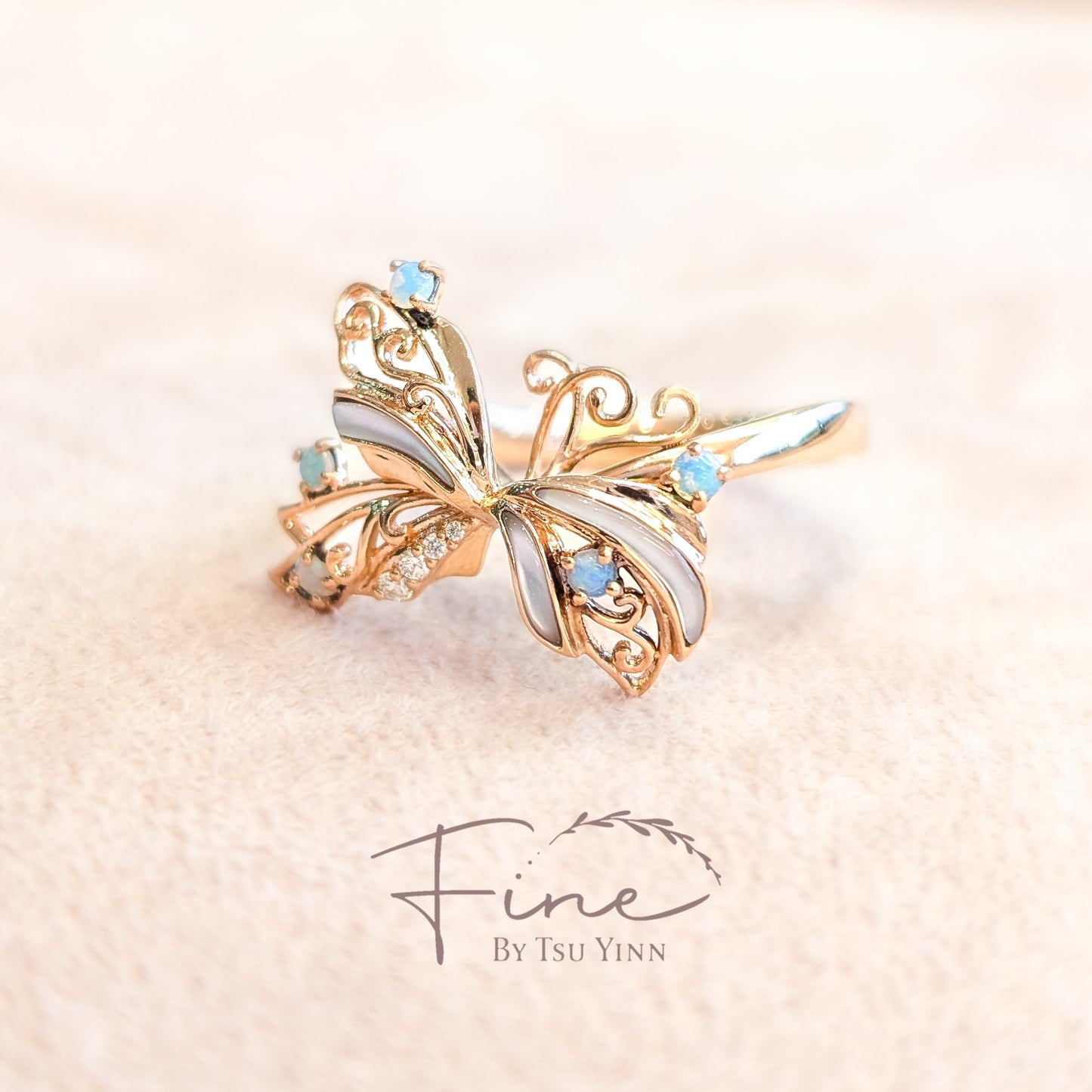RG Opal, Mother of Pearl and White Diamonds Stacking Rings