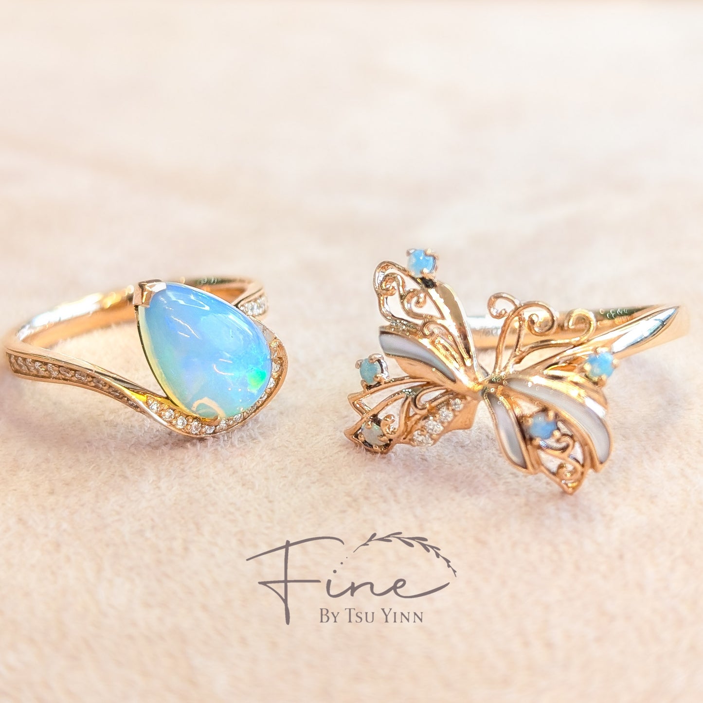 RG Opal, Mother of Pearl and White Diamonds Stacking Rings