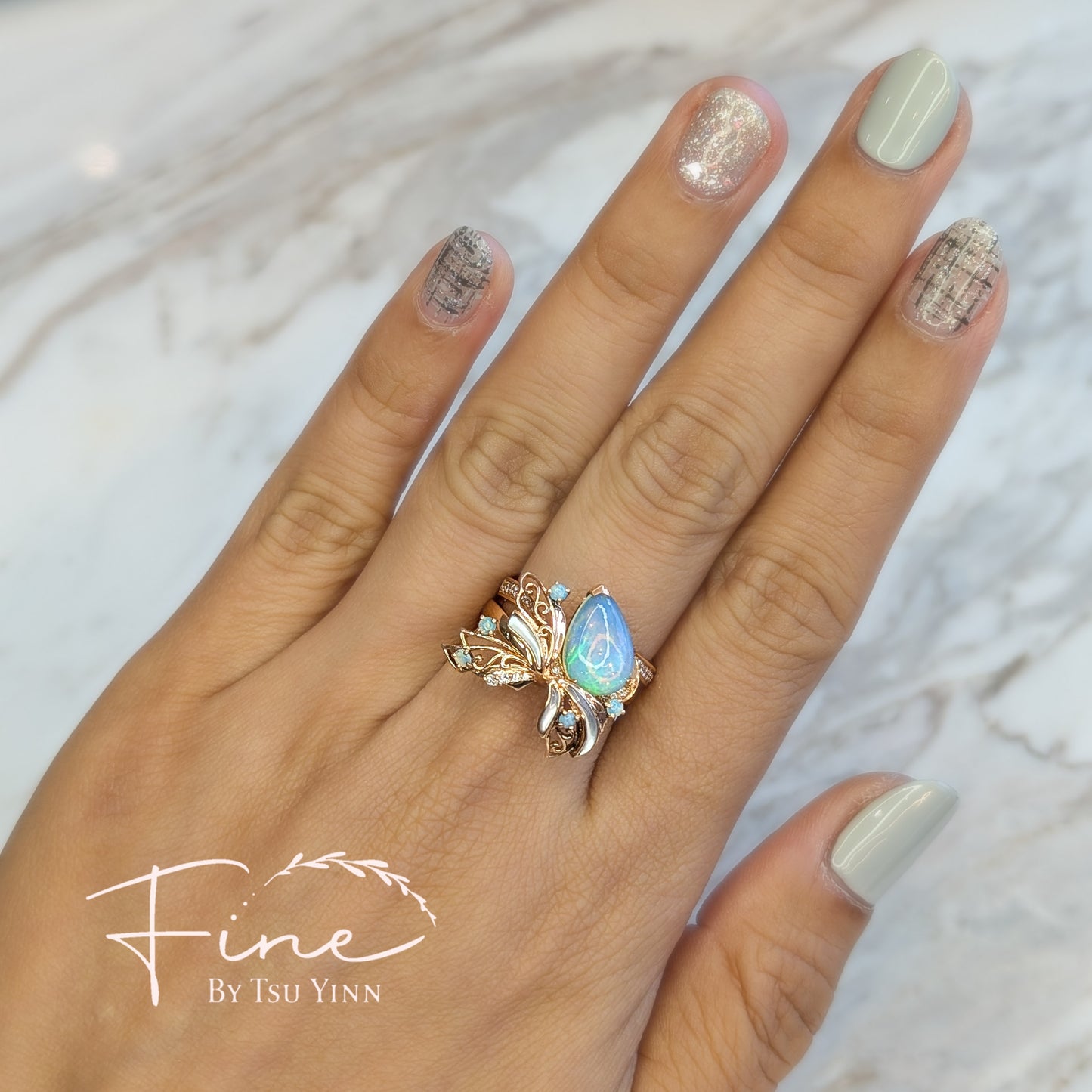RG Opal, Mother of Pearl and White Diamonds Stacking Rings
