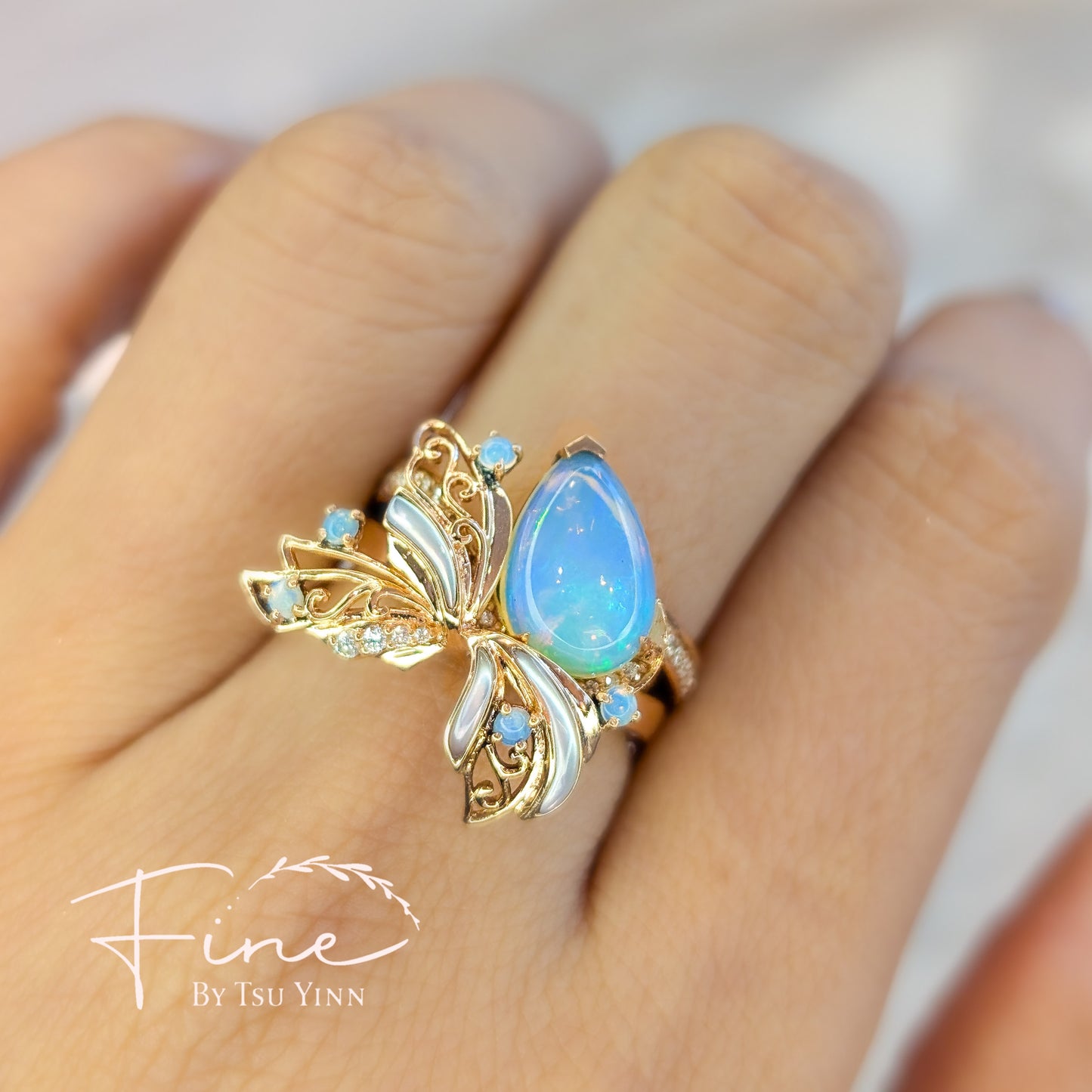 RG Opal, Mother of Pearl and White Diamonds Stacking Rings