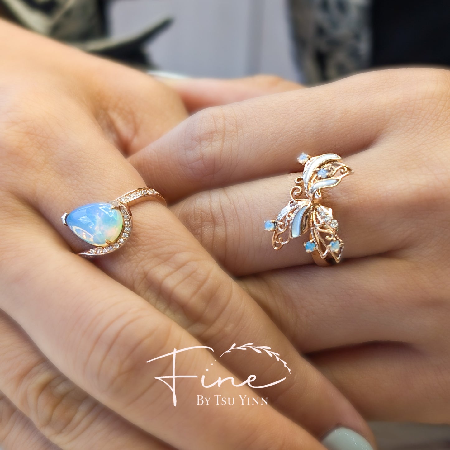 RG Opal, Mother of Pearl and White Diamonds Stacking Rings