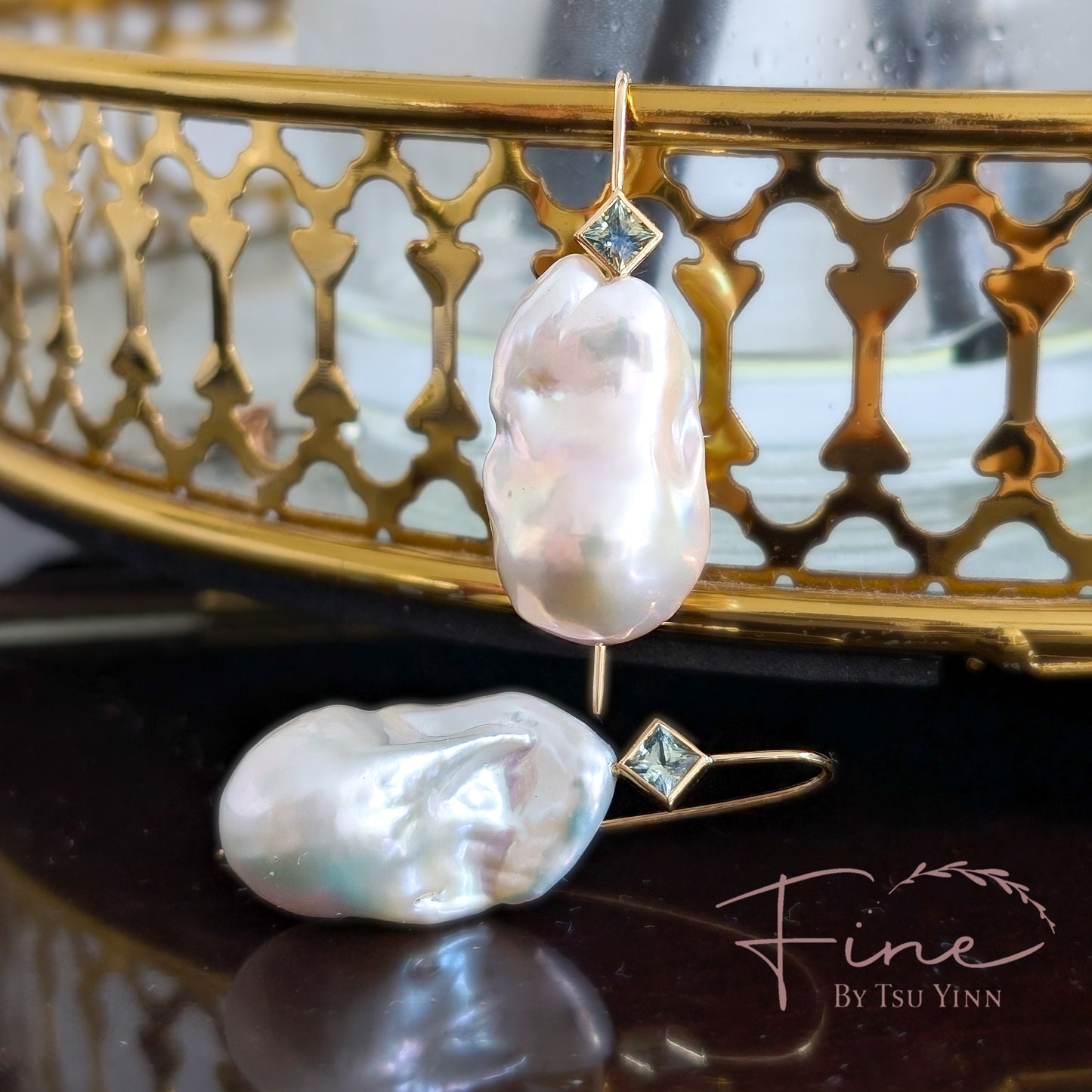 White Baroque Pearls with Teal Sapphires