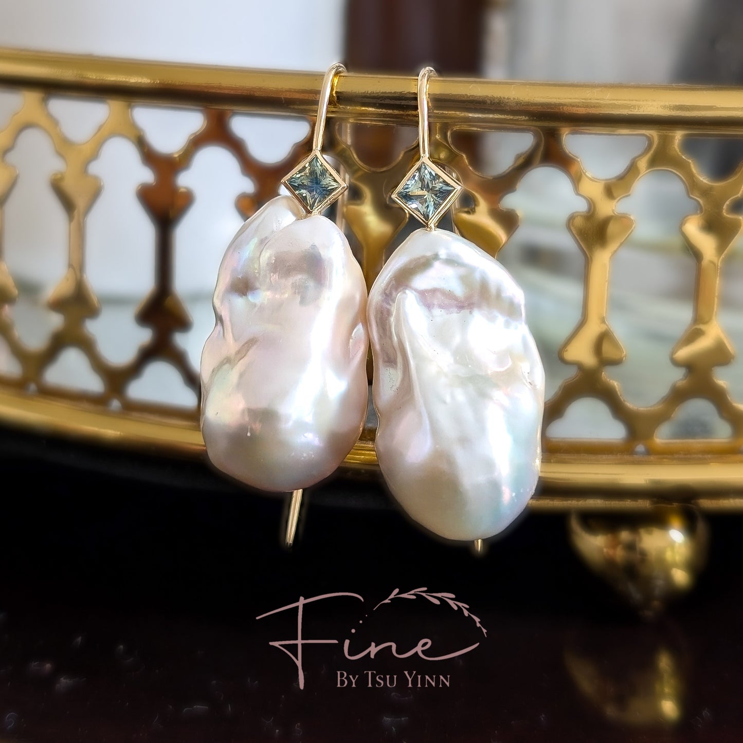 White Baroque Pearls with Teal Sapphires