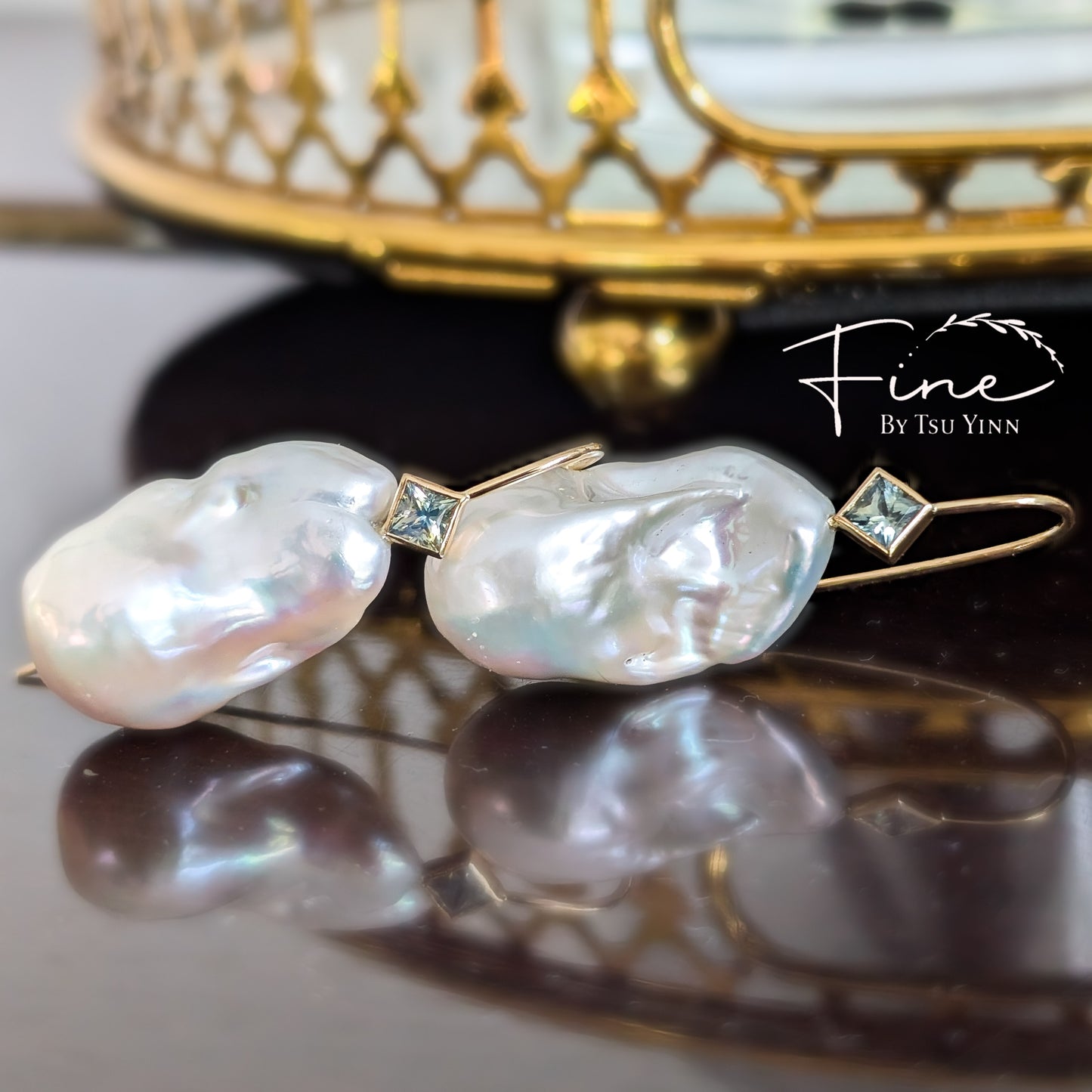 White Baroque Pearls with Teal Sapphires