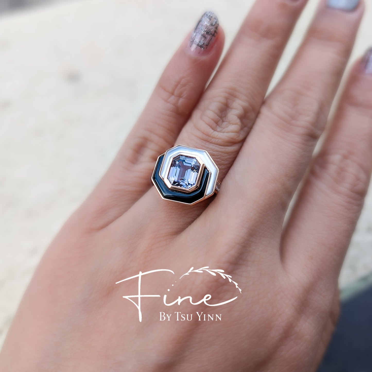 RG Grey Spinel, Mother of Pearl and Black Onyx Ring