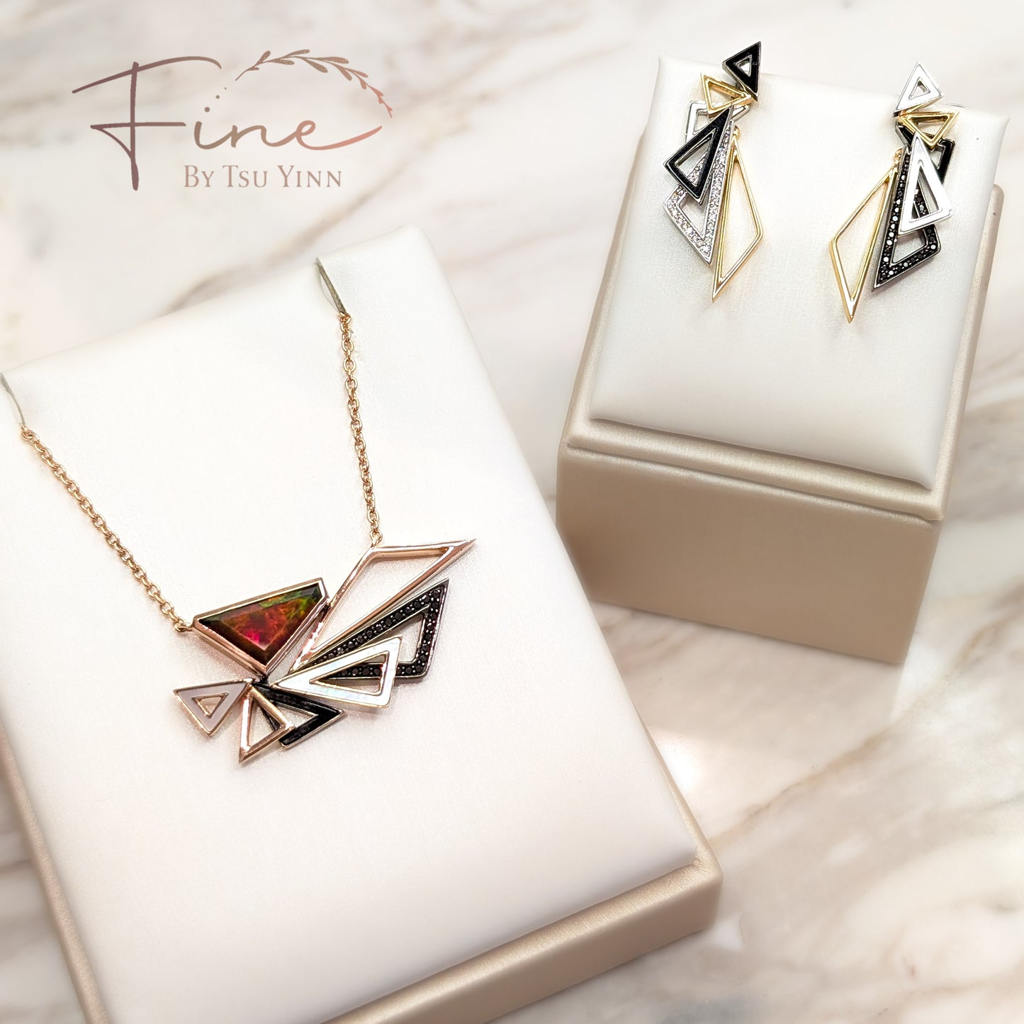 Opal, Black Diamonds, Mother of Pearl and Black Onyx Necklace