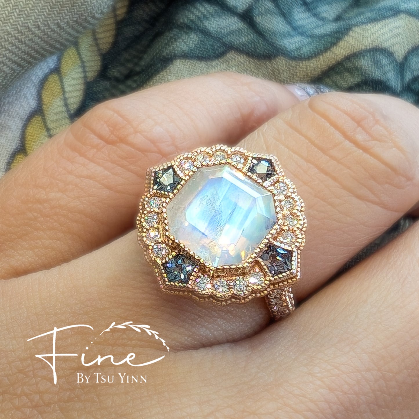 Asscher Moonstone, Spinel and Diamond Ring