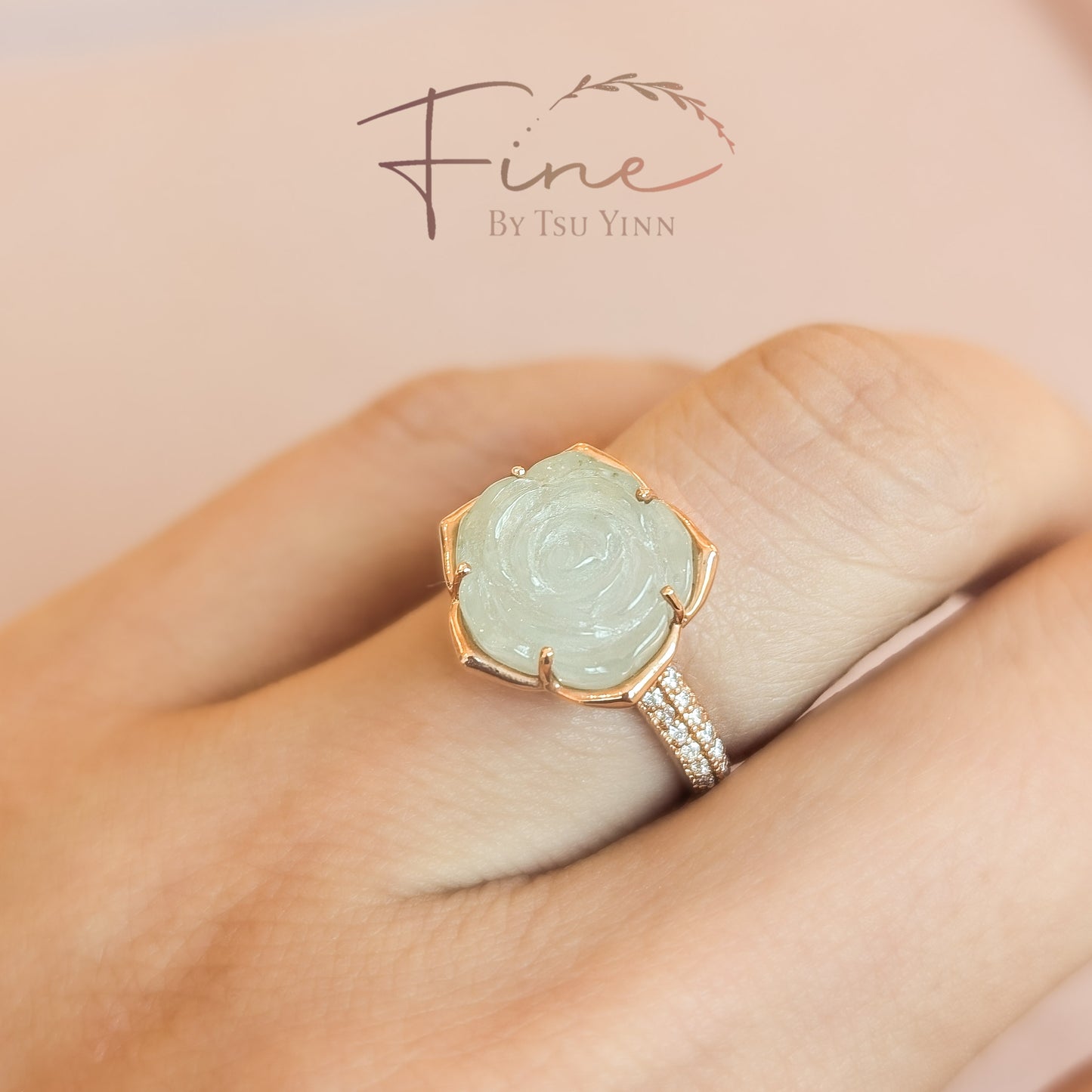 FBTY Carved Rose Jadeite Ring with Diamond Knife Band (half)
