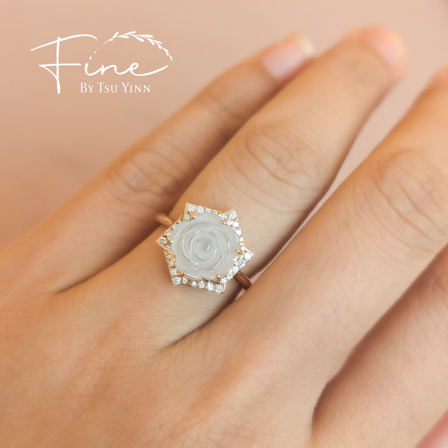 FBTY Carved Rose Jadeite and Diamond Pinwheel Halo Ring