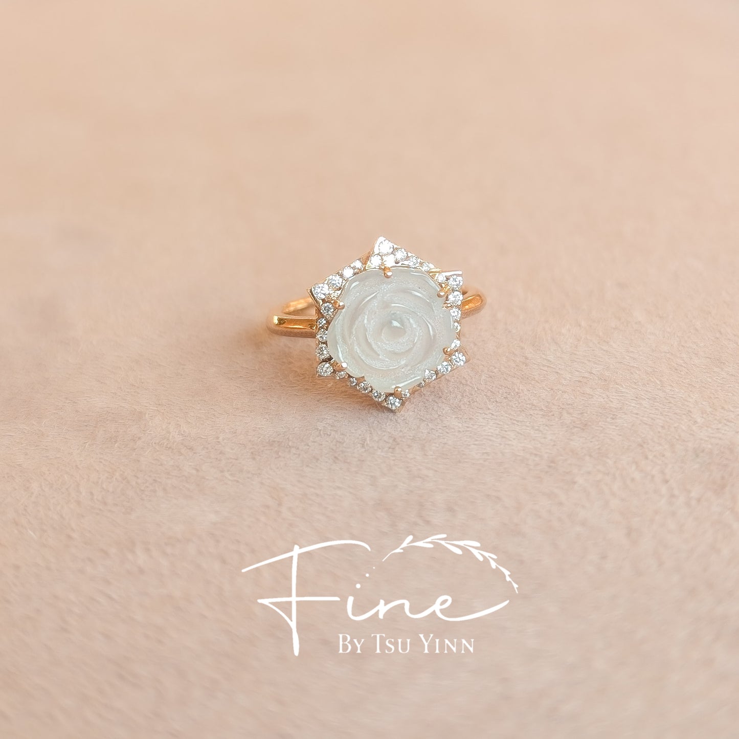 FBTY Carved Rose Jadeite and Diamond Pinwheel Halo Ring