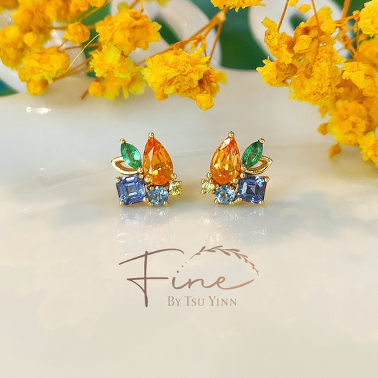 YG Spessartite Garnet, Blue Spinels, Emerald Studs