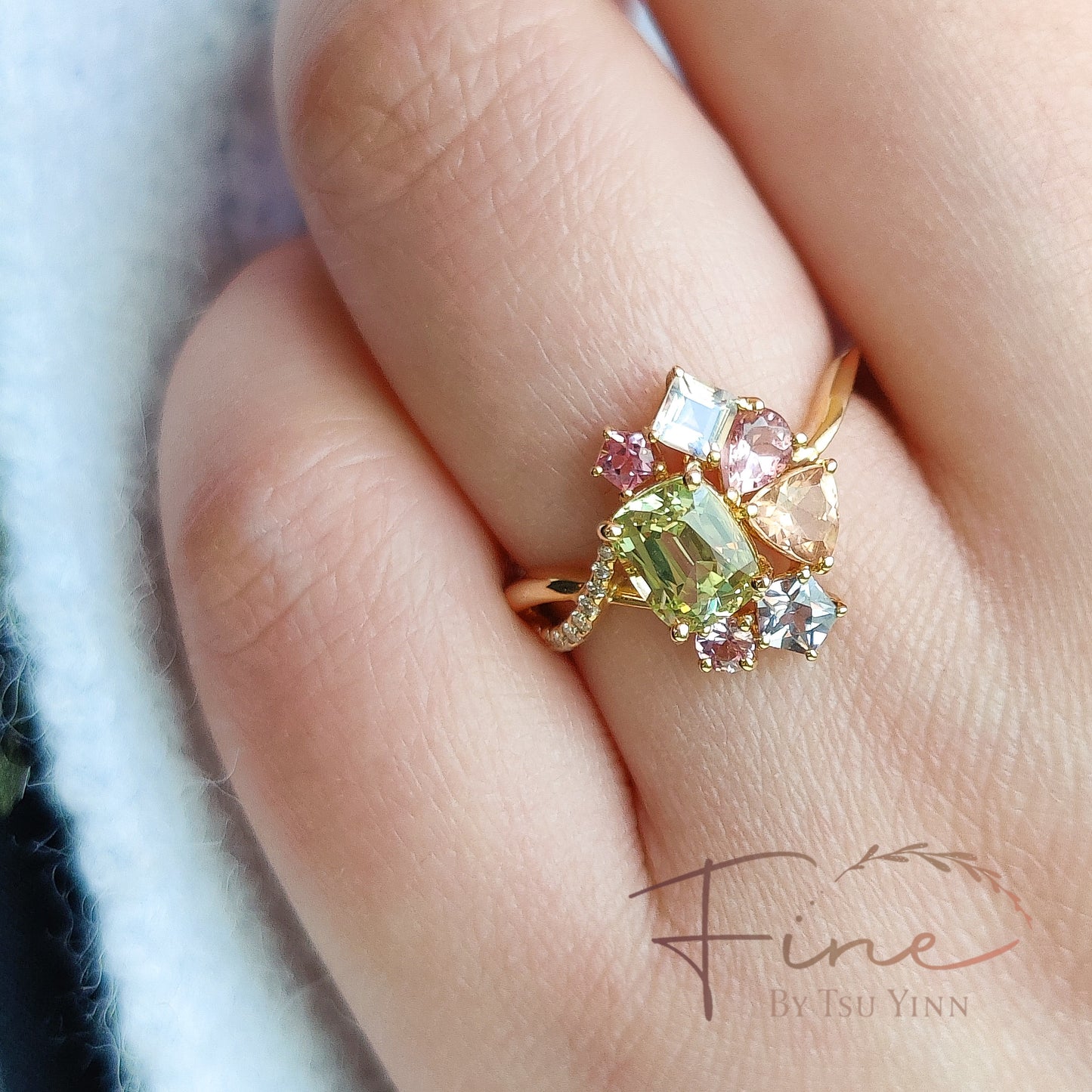 YG Chysoberyl, Spinel, Moonstone, Tourmaline Ring with Asymmetric Diamond Side Twist.