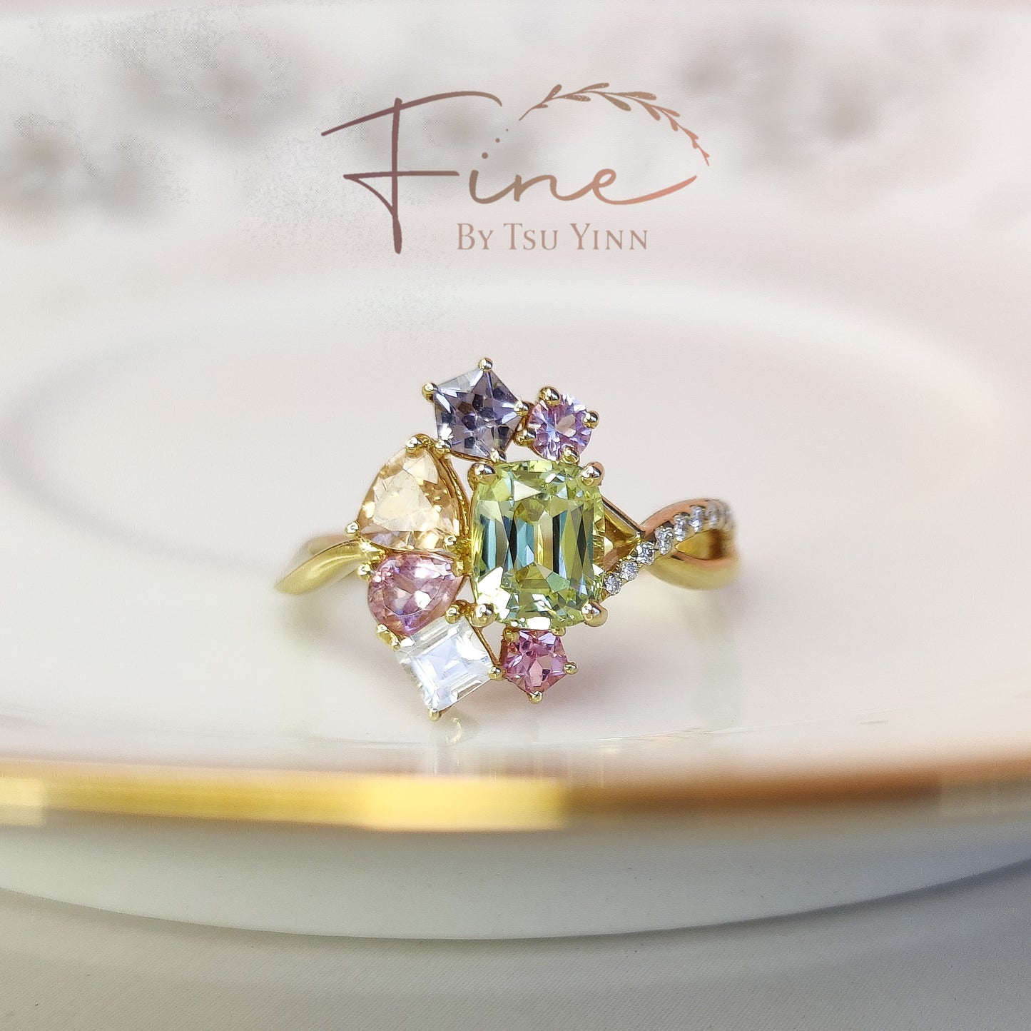 YG Chysoberyl, Spinel, Moonstone, Tourmaline Ring with Asymmetric Diamond Side Twist.