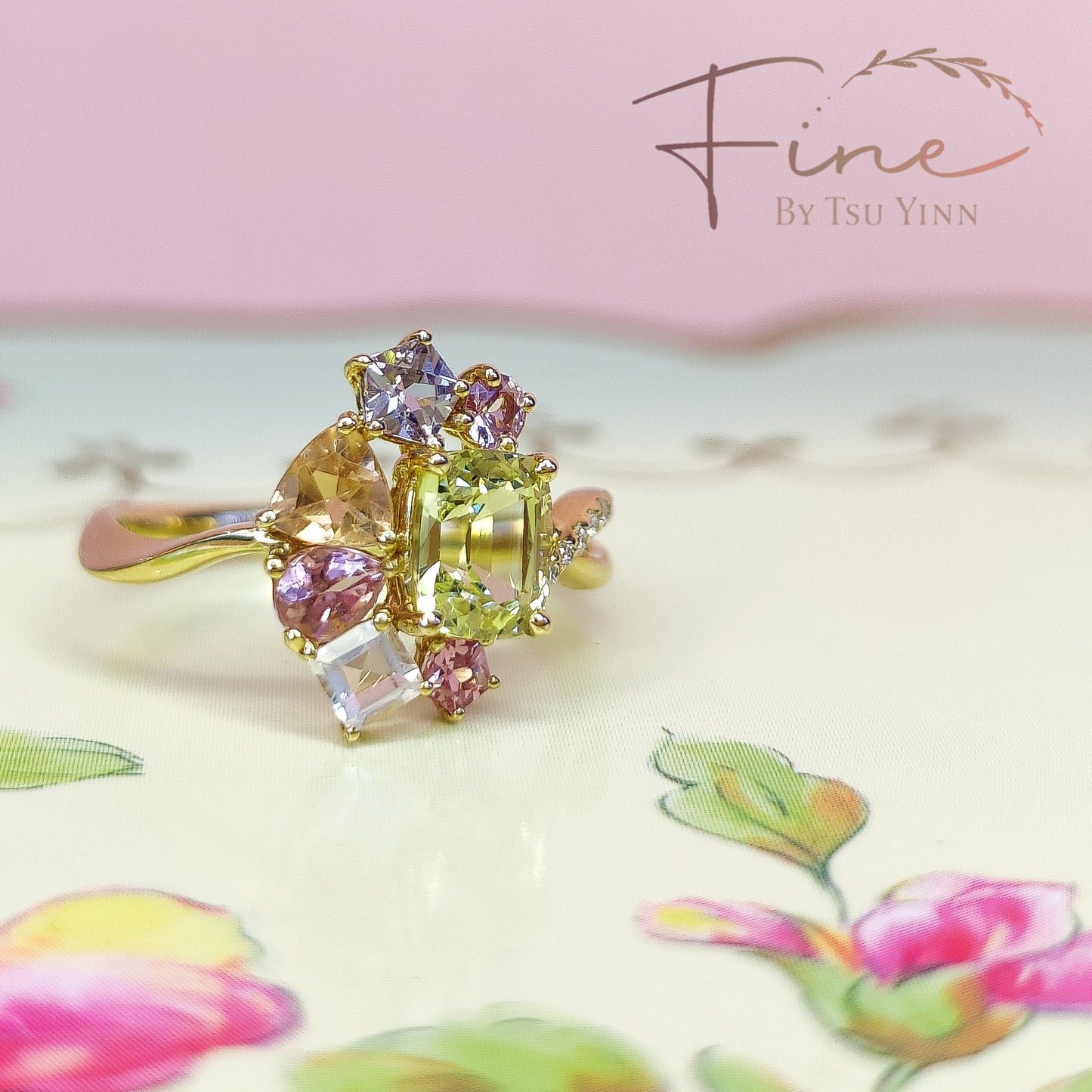 YG Chysoberyl, Spinel, Moonstone, Tourmaline Ring with Asymmetric Diamond Side Twist.