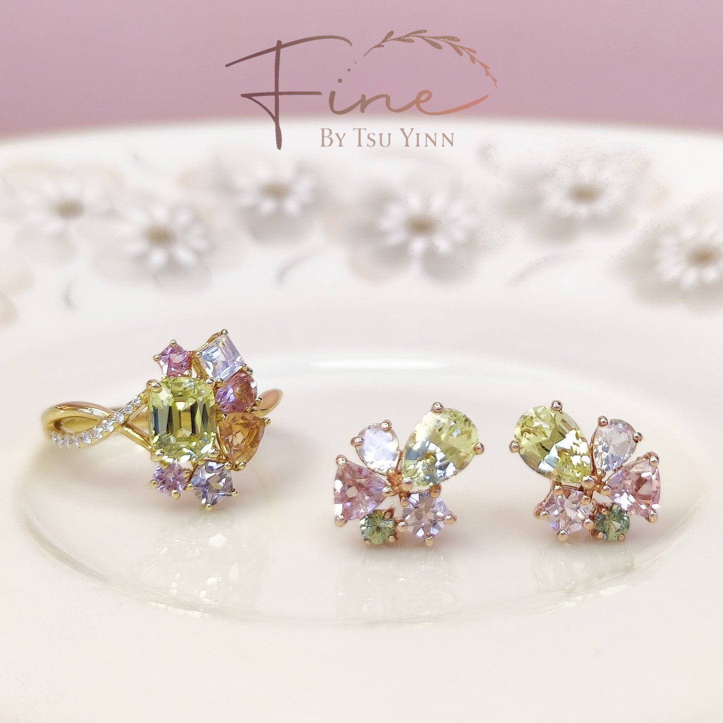 RG Cluster Studs (fixed) - Chrysoberyls, Moonstones, Pink Tourmalines, Green Sapphires and Pink Spinels
