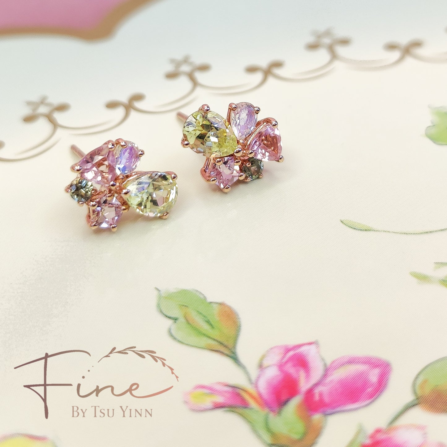 RG Cluster Studs (fixed) - Chrysoberyls, Moonstones, Pink Tourmalines, Green Sapphires and Pink Spinels