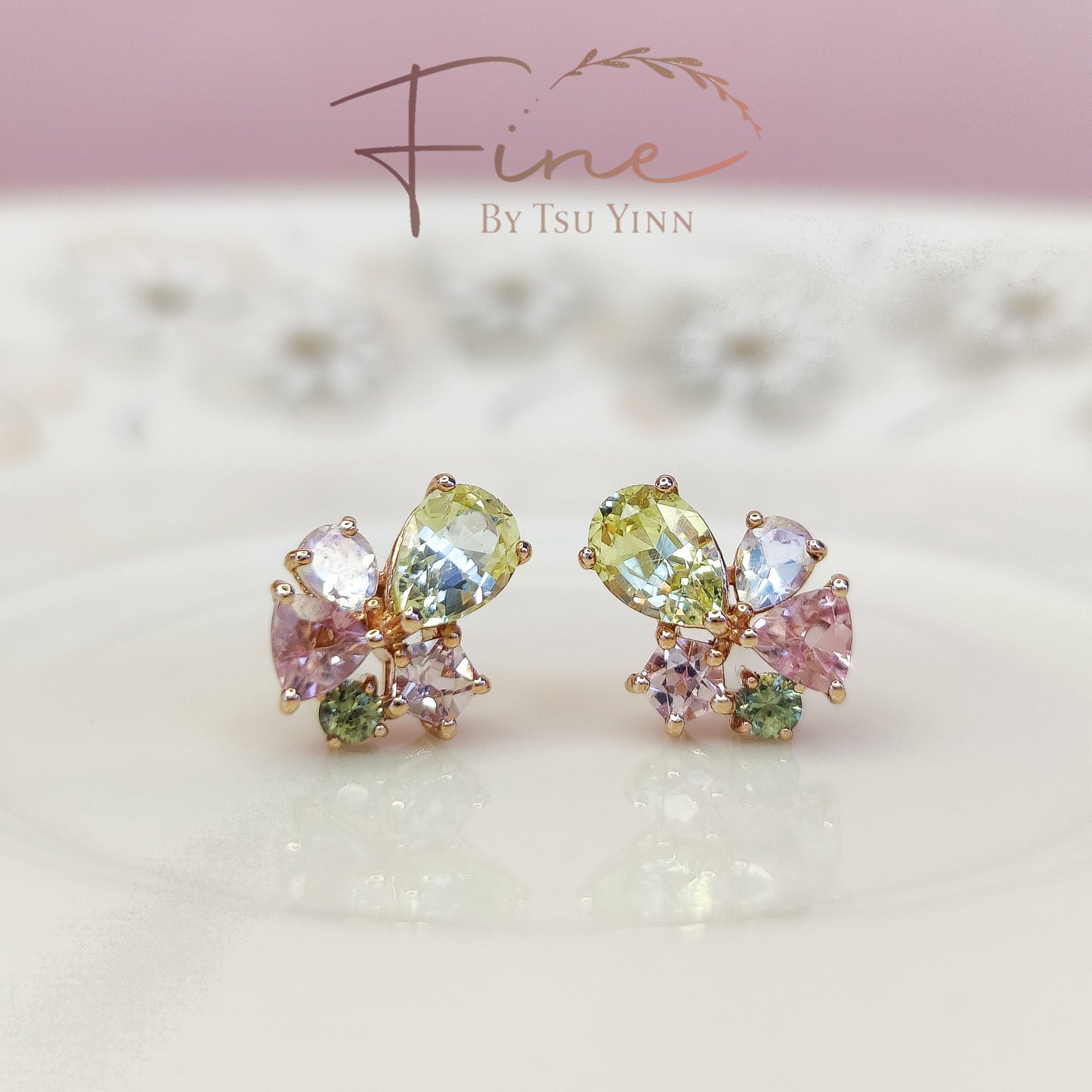 RG Cluster Studs (fixed) - Chrysoberyls, Moonstones, Pink Tourmalines, Green Sapphires and Pink Spinels