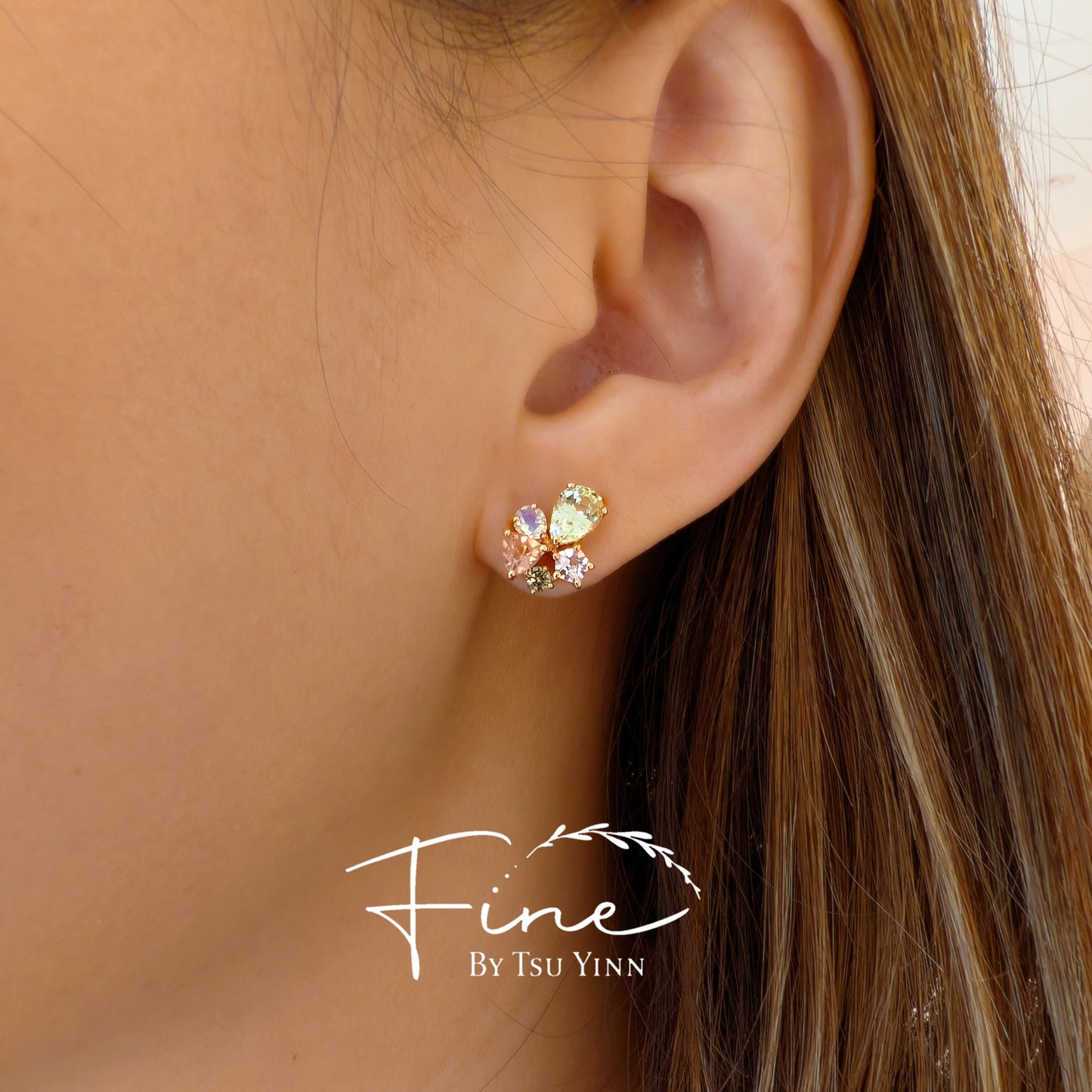 RG Cluster Studs (fixed) - Chrysoberyls, Moonstones, Pink Tourmalines, Green Sapphires and Pink Spinels