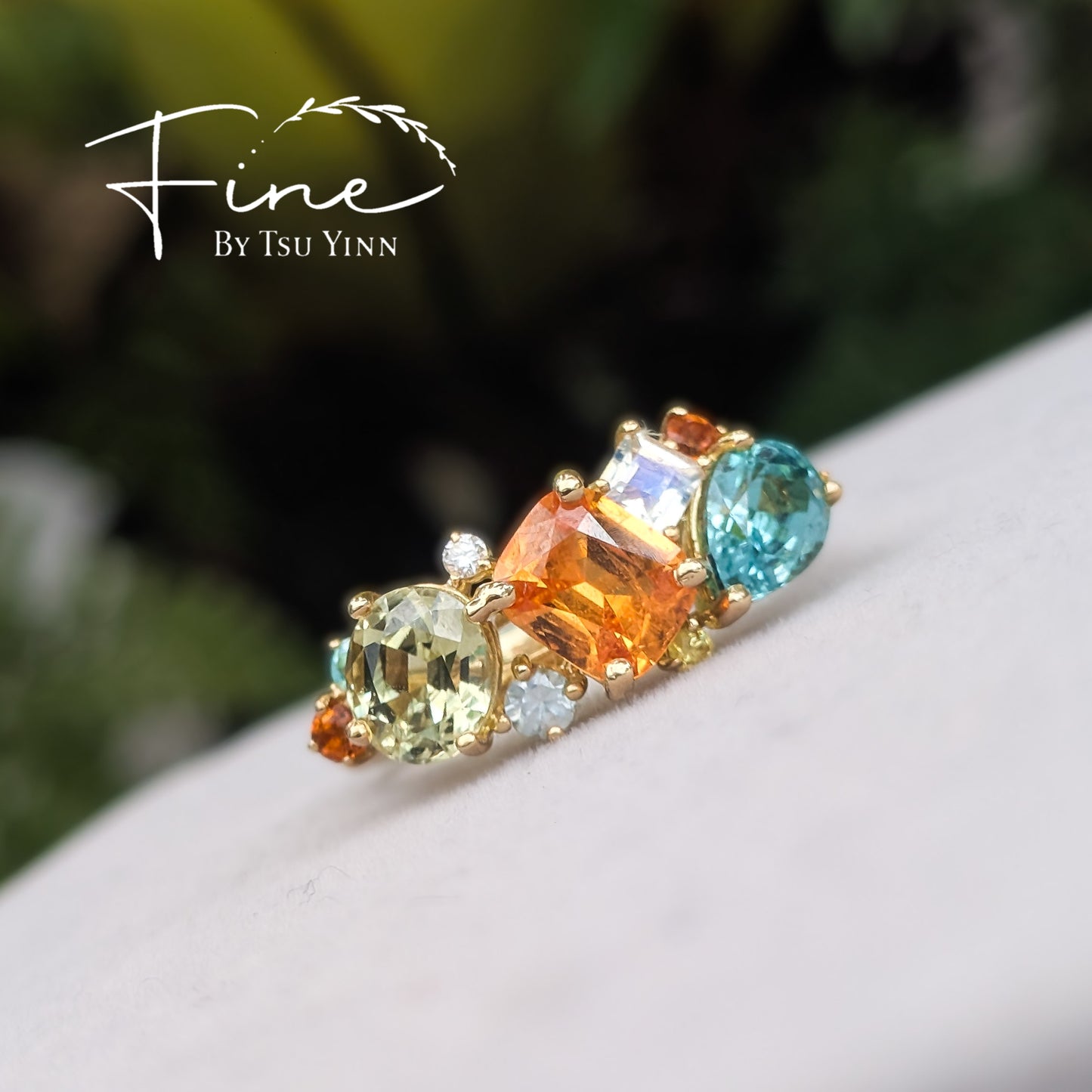 YG Messy Band with Spessartite Garnet, Chrysoberyl, Paraiba Tourmaline, Greenish-blue Tourmaline, White and Yellow Diamonds, Moonstone and Blue Zircon
