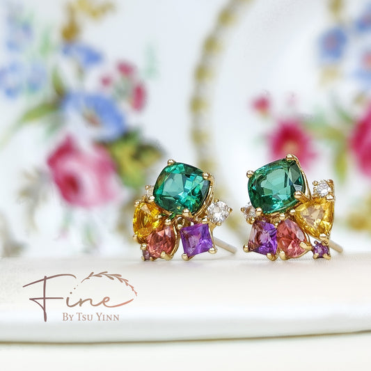 YG Cluster Green Tourmalines, Sapphires, Amethyst, Diamond Studs