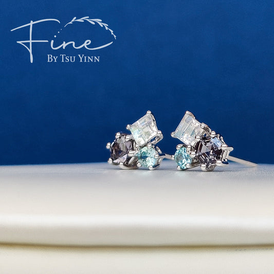 WG Cluster Moonstone, Blue Zircon and Dark Grey Spinel Studs