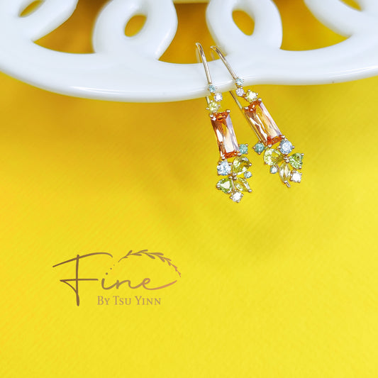 YG Spessartite Garnet Cluster Long Hook Earrings