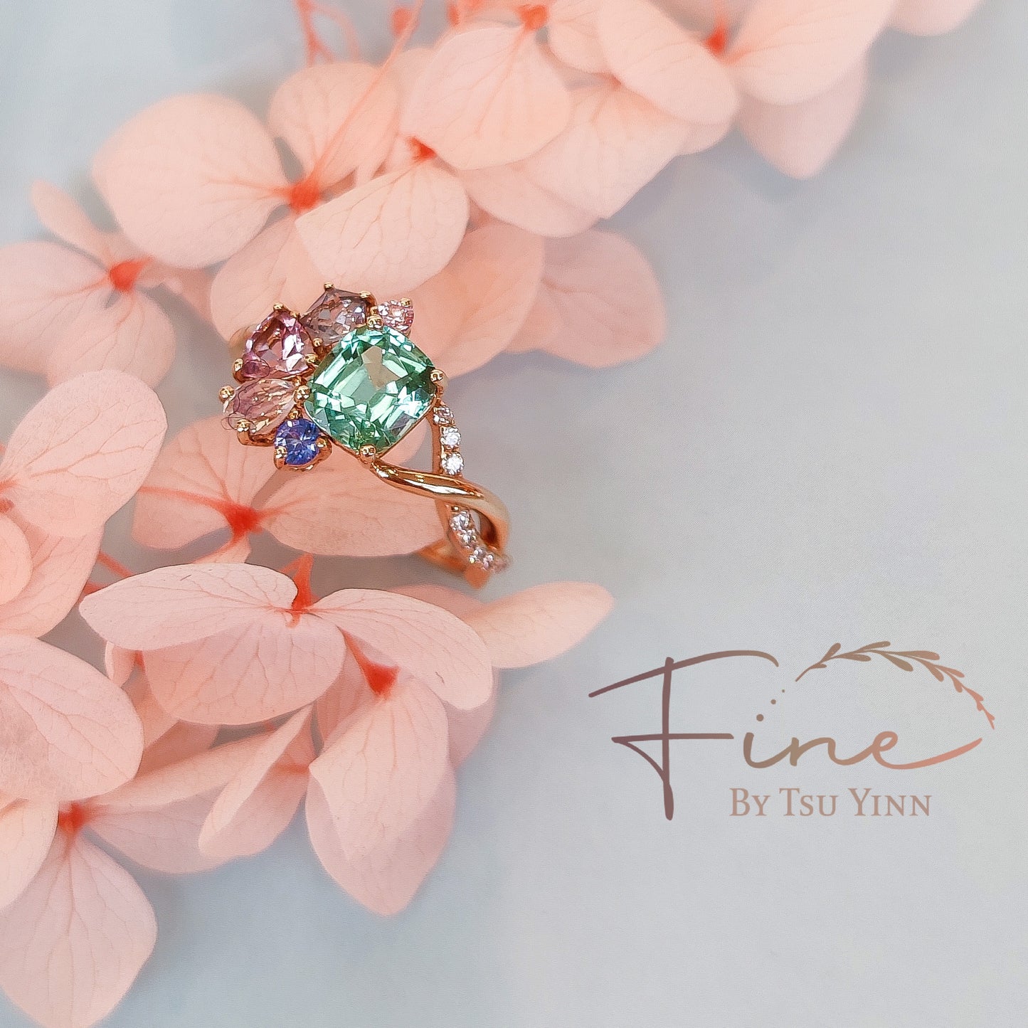 RG Cluster with Seafoam Tourmaline, Moonstone, Spinel and Sapphire and Asymmetric Diamond Side Twist
