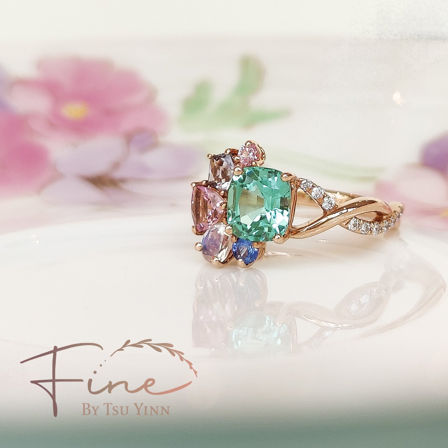 RG Cluster with Seafoam Tourmaline, Moonstone, Spinel and Sapphire and Asymmetric Diamond Side Twist