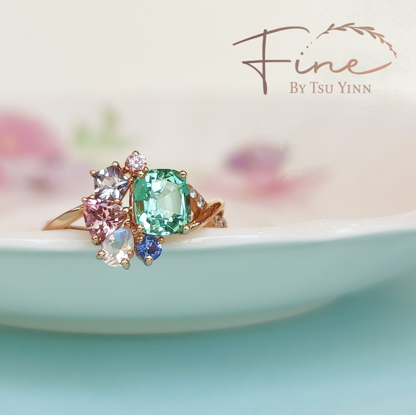RG Cluster with Seafoam Tourmaline, Moonstone, Spinel and Sapphire and Asymmetric Diamond Side Twist