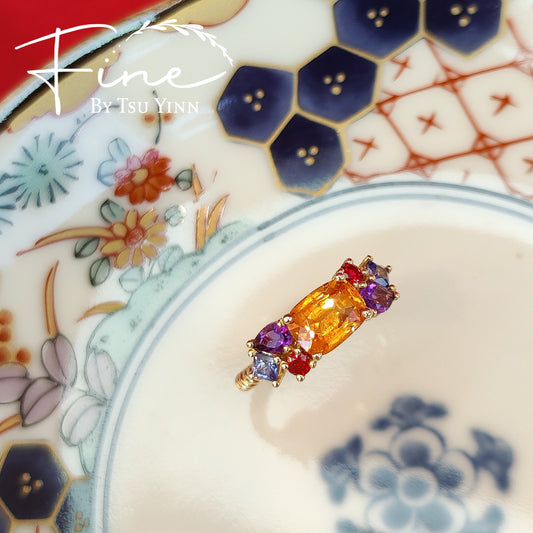 YG Spessartite Garnet Amethyst, Amethyst, Red Spinel and Blue Sapphire Rope Ring