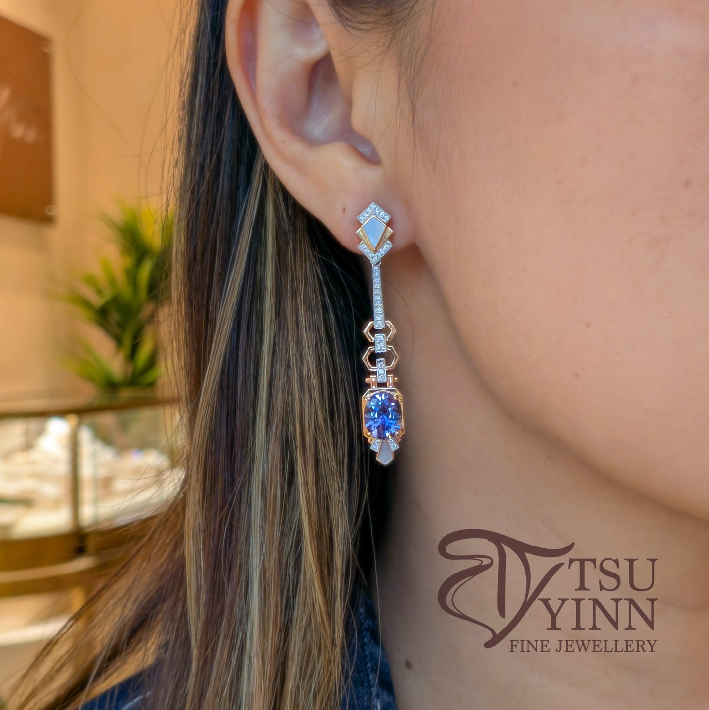 Art Deco Inspired Tanzanite Drop Earrings (Detachable)
