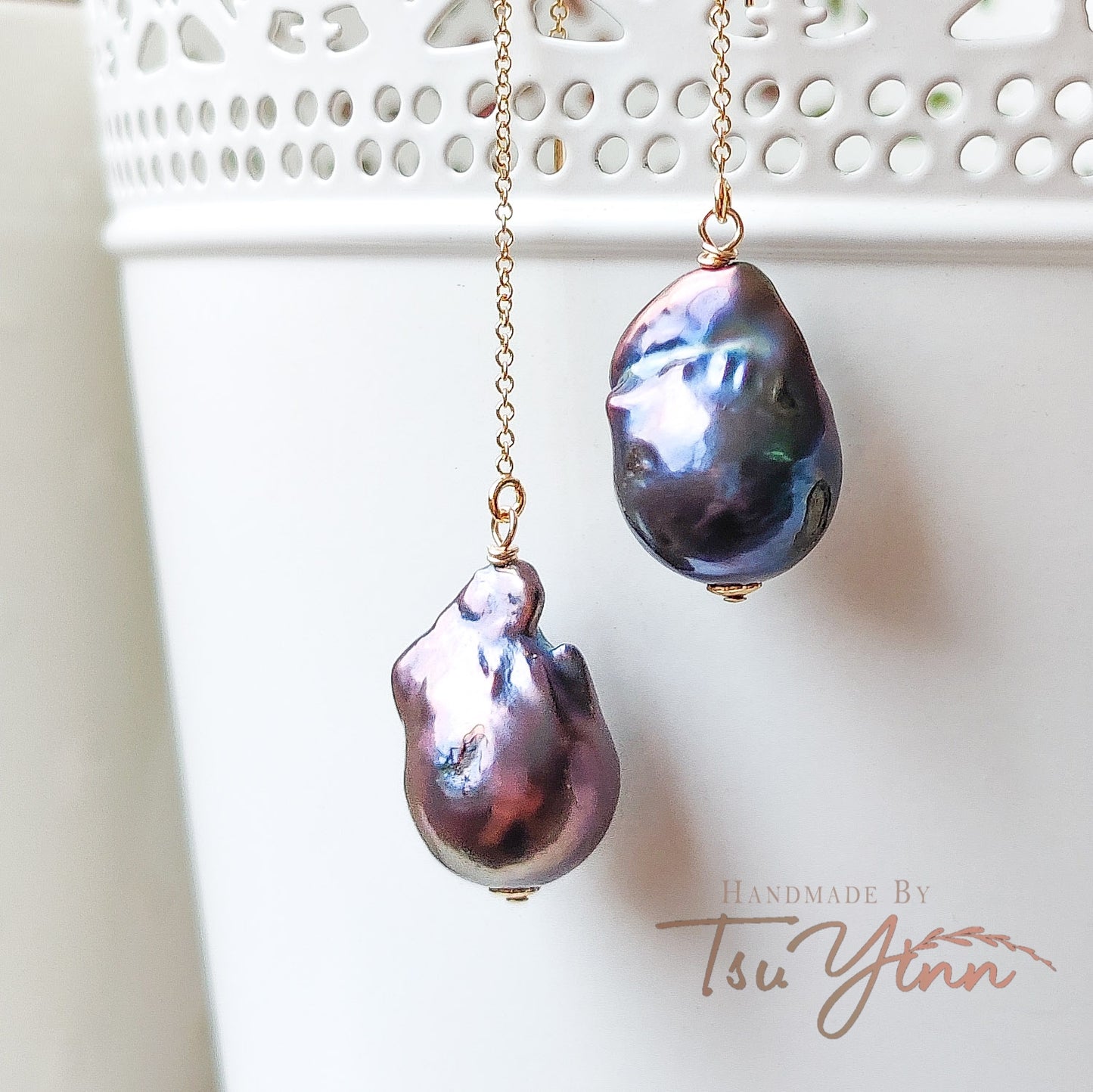 Gold-filled U-threaders Black Baroque Pearl Earrings