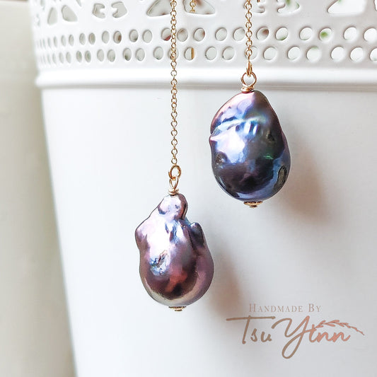 Gold-filled U-threaders Black Baroque Pearl Earrings