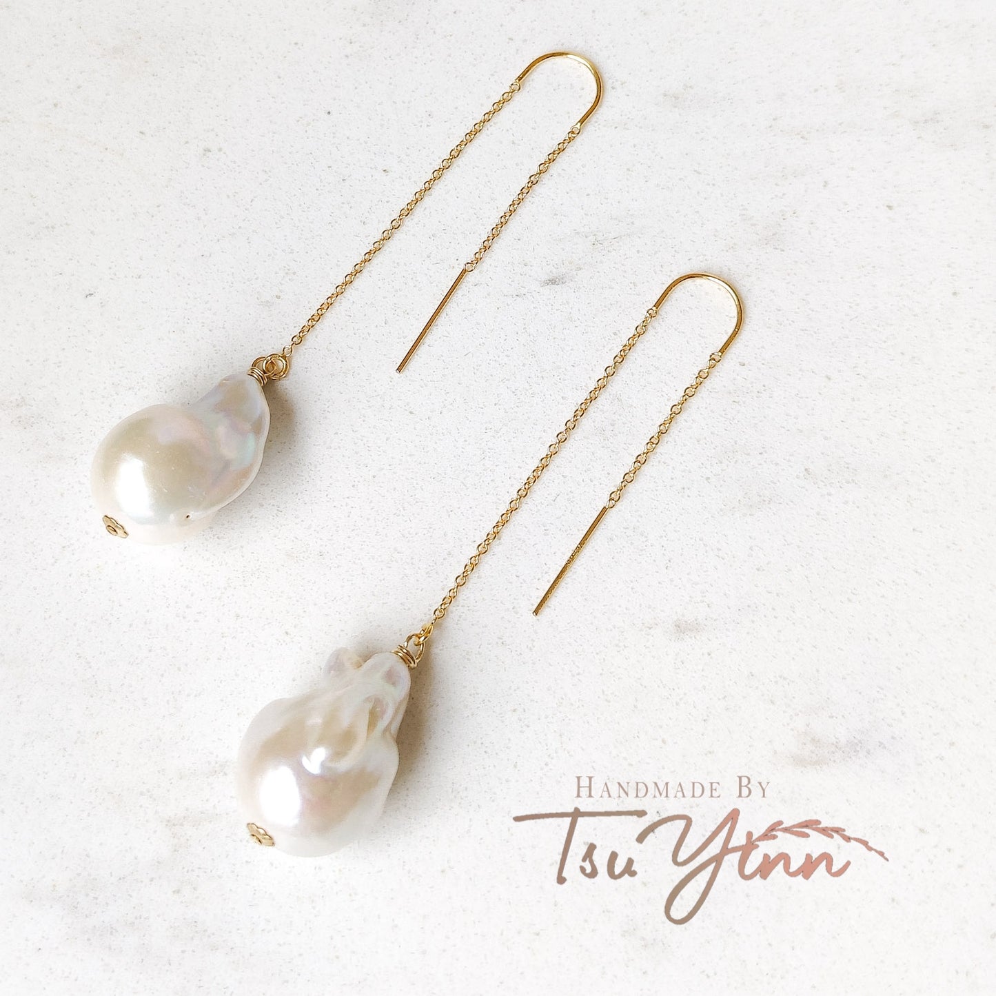 Gold-filled U-threaders White Baroque Pearl Earrings B