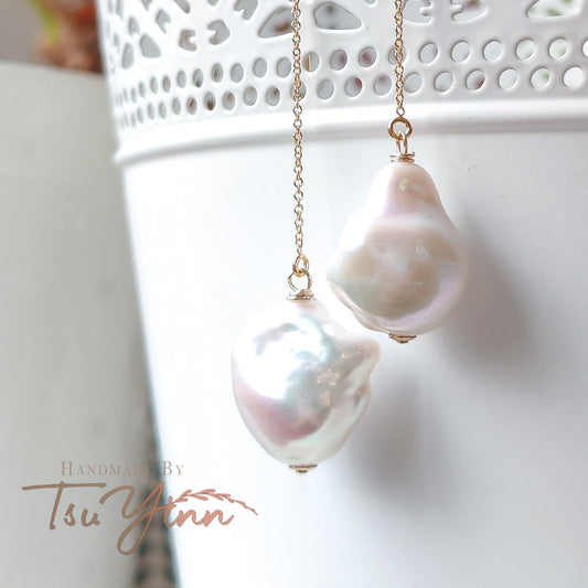 Gold-filled U-threaders White Baroque Pearl Earrings A