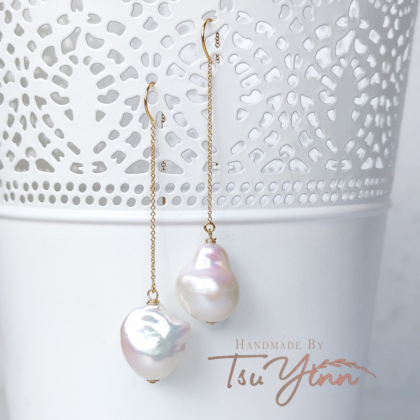 Gold-filled U-threaders White Baroque Pearl Earrings A