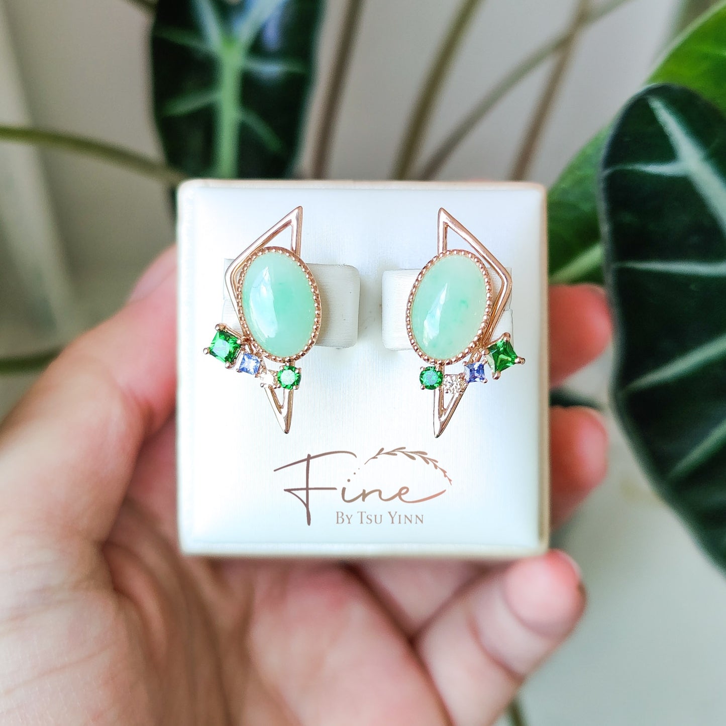 RG Oval Green Jadeite, Tsavorite, Blue Sapphire and Peach Diamond Earrings