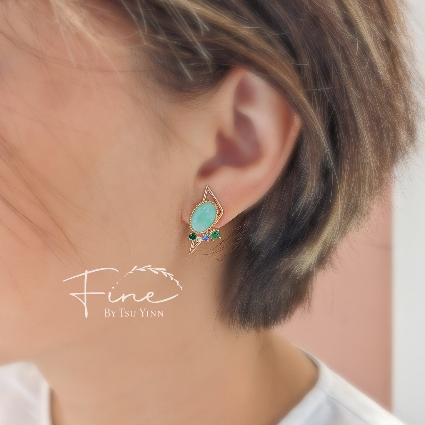 RG Oval Green Jadeite, Tsavorite, Blue Sapphire and Peach Diamond Earrings