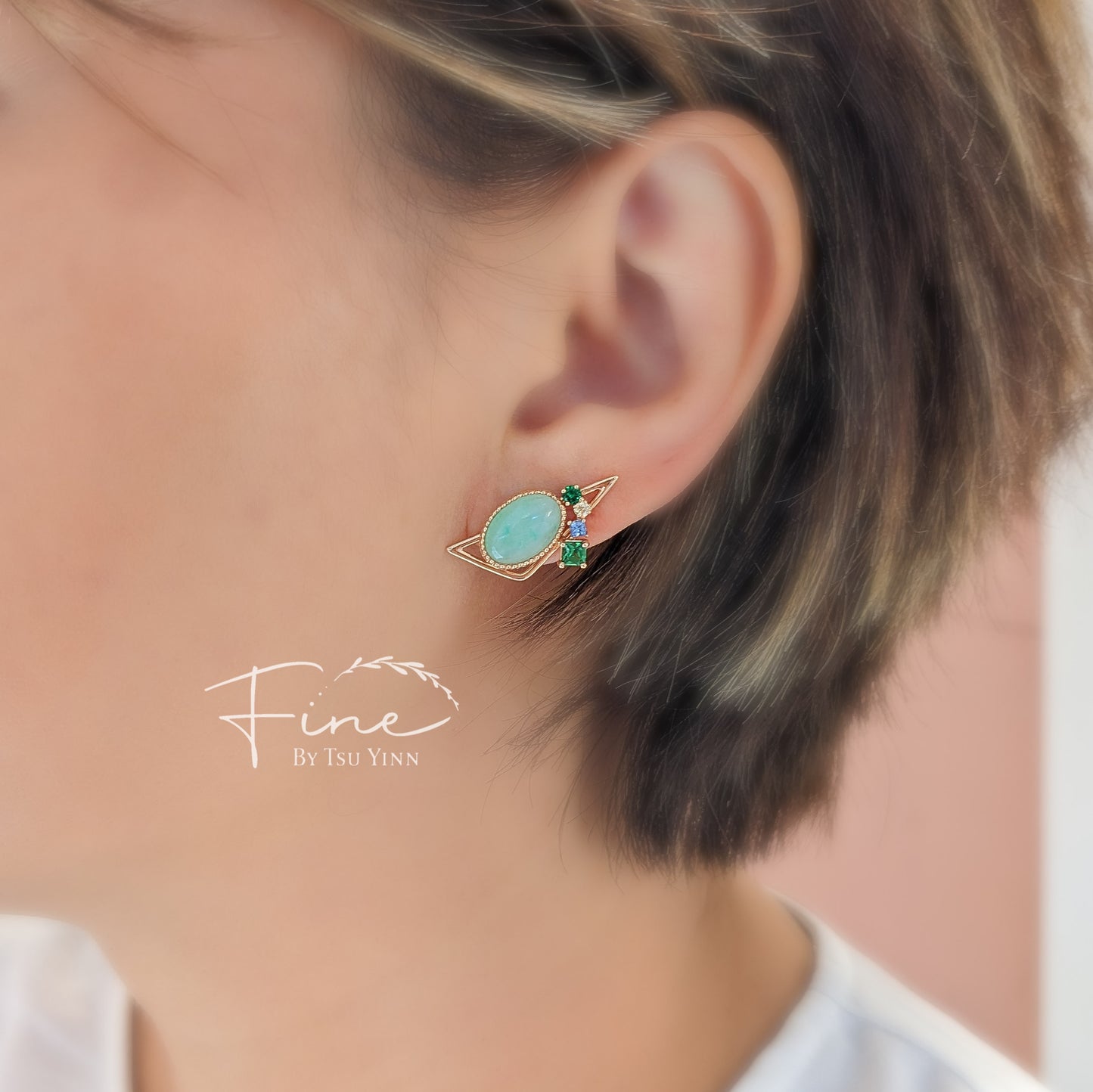 RG Oval Green Jadeite, Tsavorite, Blue Sapphire and Peach Diamond Earrings
