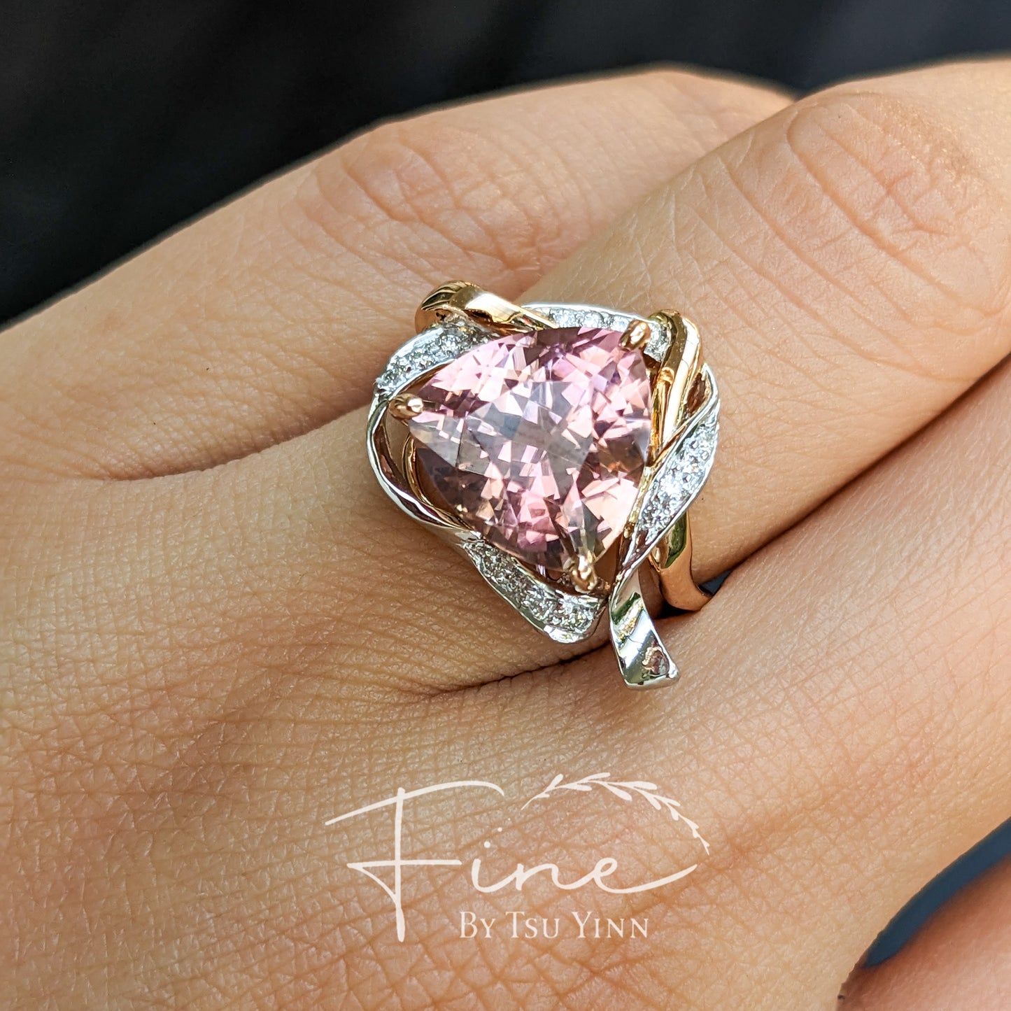 RG WG Ribbon Halo Trillion Pink Tourmaline Ring