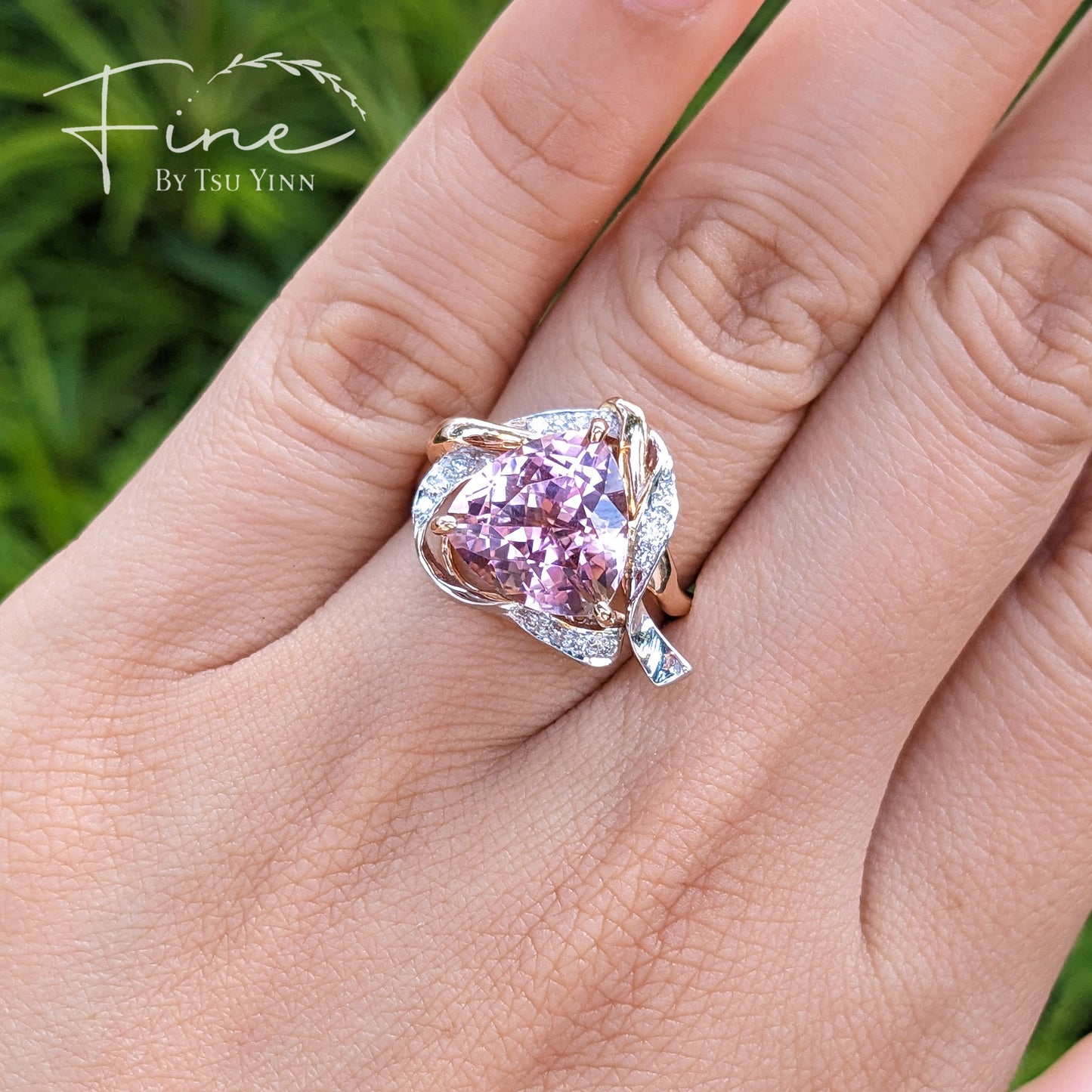 RG WG Ribbon Halo Trillion Pink Tourmaline Ring